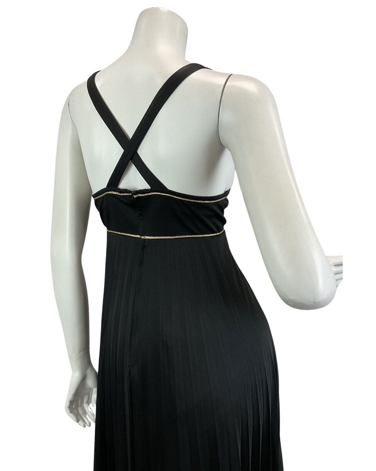 VINTAGE 60s 70s BLACK GOLD CROSS BACK PLEATED DISCO BOHO FOLK MAXI DRESS 10 12