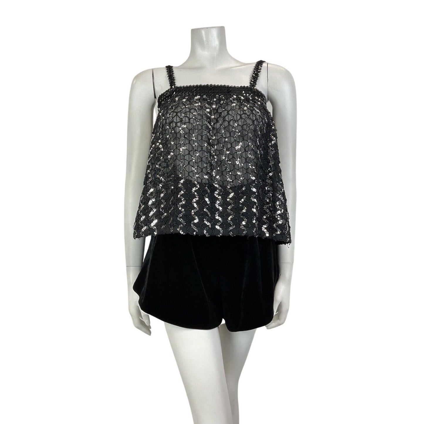 VINTAGE 70s 80s BLACK SILVER ZIG-ZAG SEQUIN STRAPPY DISCO STUDIO 54 TOP 8 10