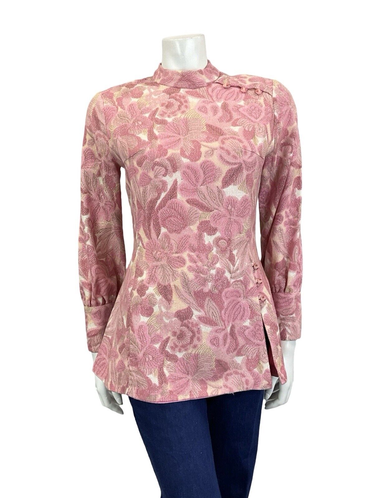 VTG 60S HIPPY PINK CREAM SPARKLING HIGH NECK BISHOP SLEEVE TUNIC PARTY TOP 8