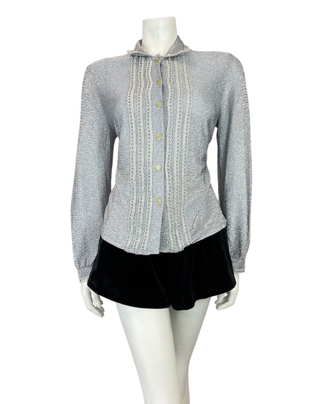 VINTAGE 60s 70s SILVER SCALLOPED GLITTER DISCO PARTY STUDIO 54 LUREX SHIRT 14 16