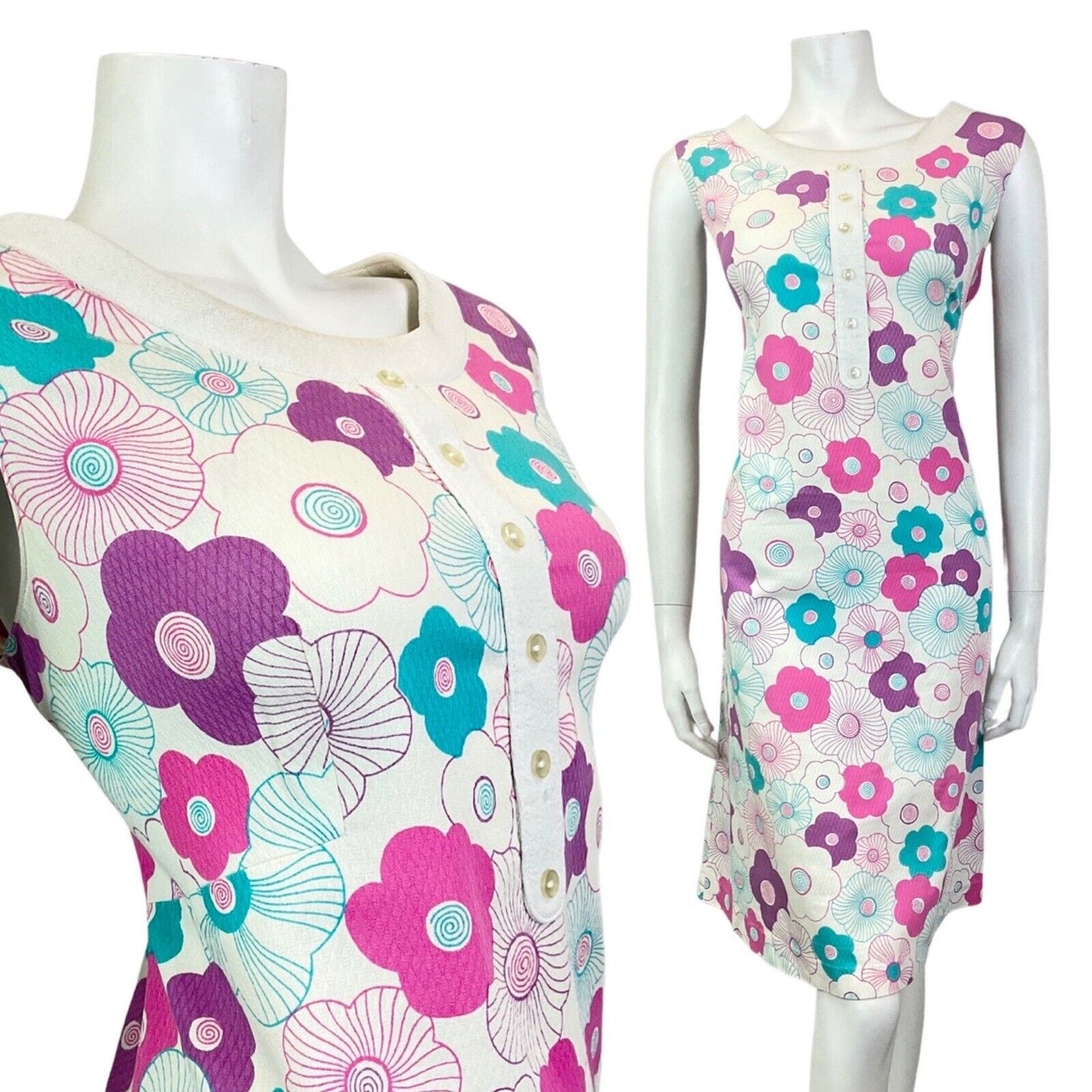 VINTAGE 60s 70s WHITE PINK BLUE DAISY FLOWER MOD SLEEVELESS SHIFT DRESS 12 14