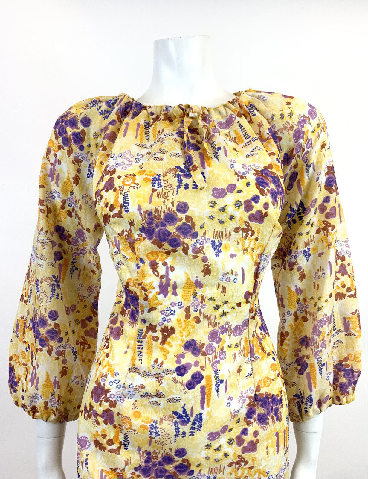 VINTAGE 60s 70s YELLOW WHITE PURPLE FLORAL DITSY BOHO FOLK FLOATY DRESS 14 16
