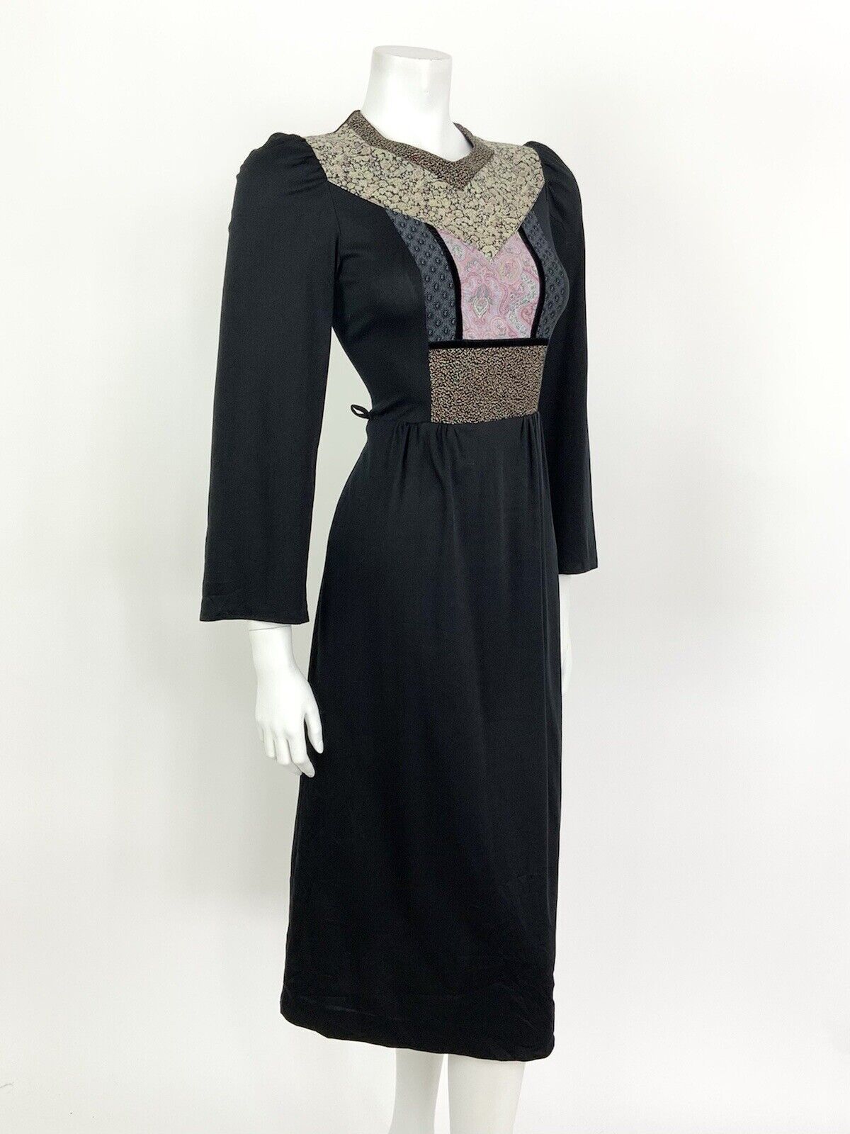 VINTAGE 60s 70s BLACK PINK GREEN FLORAL DITSY PAISLEY BOHO FOLK PRAIRIE DRESS 8