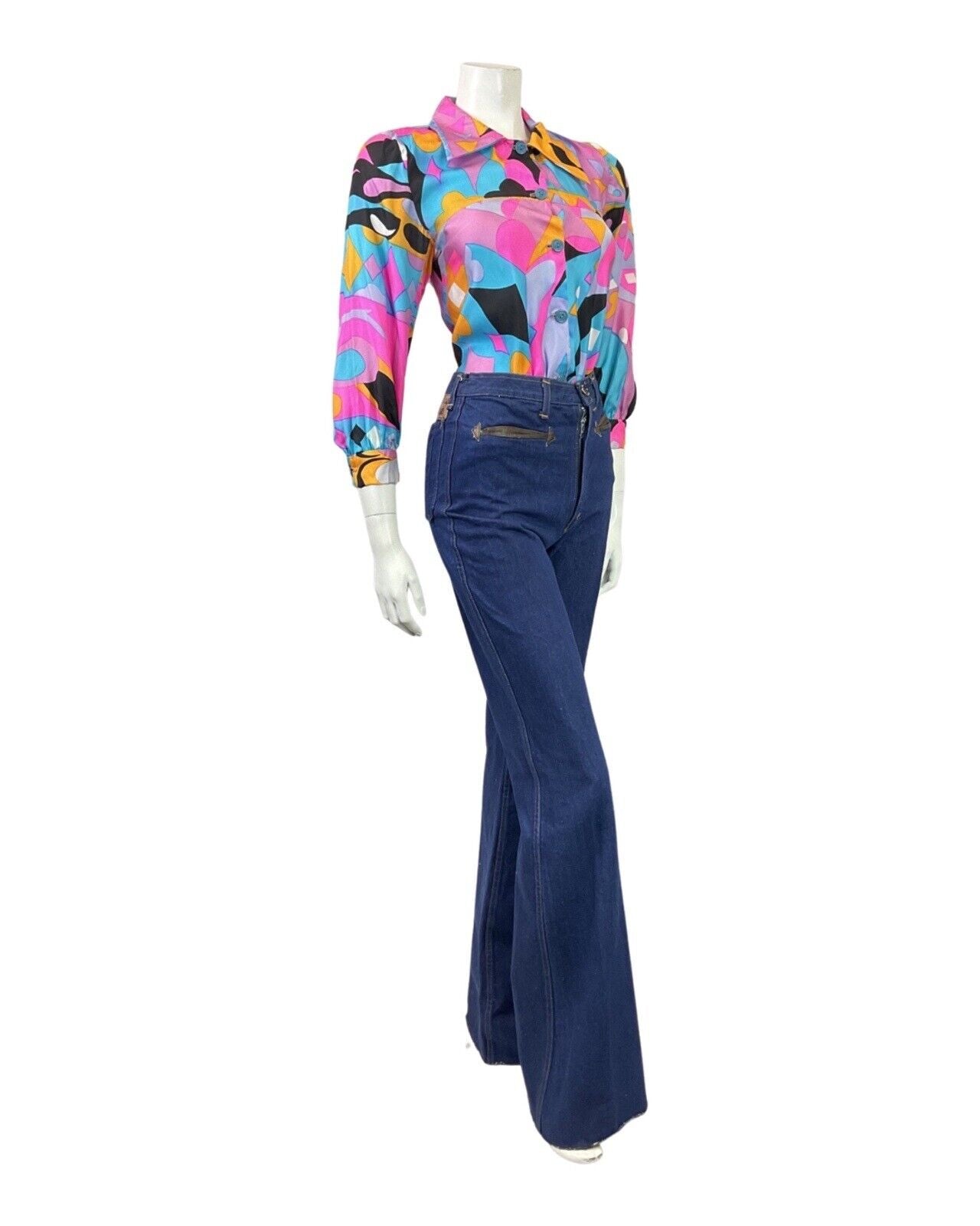 VINTAGE 70s 80s PINK BLUE BLACK PSYCHEDELIC GEOMETRIC FLOATY BLOUSE SHIRT 8 10