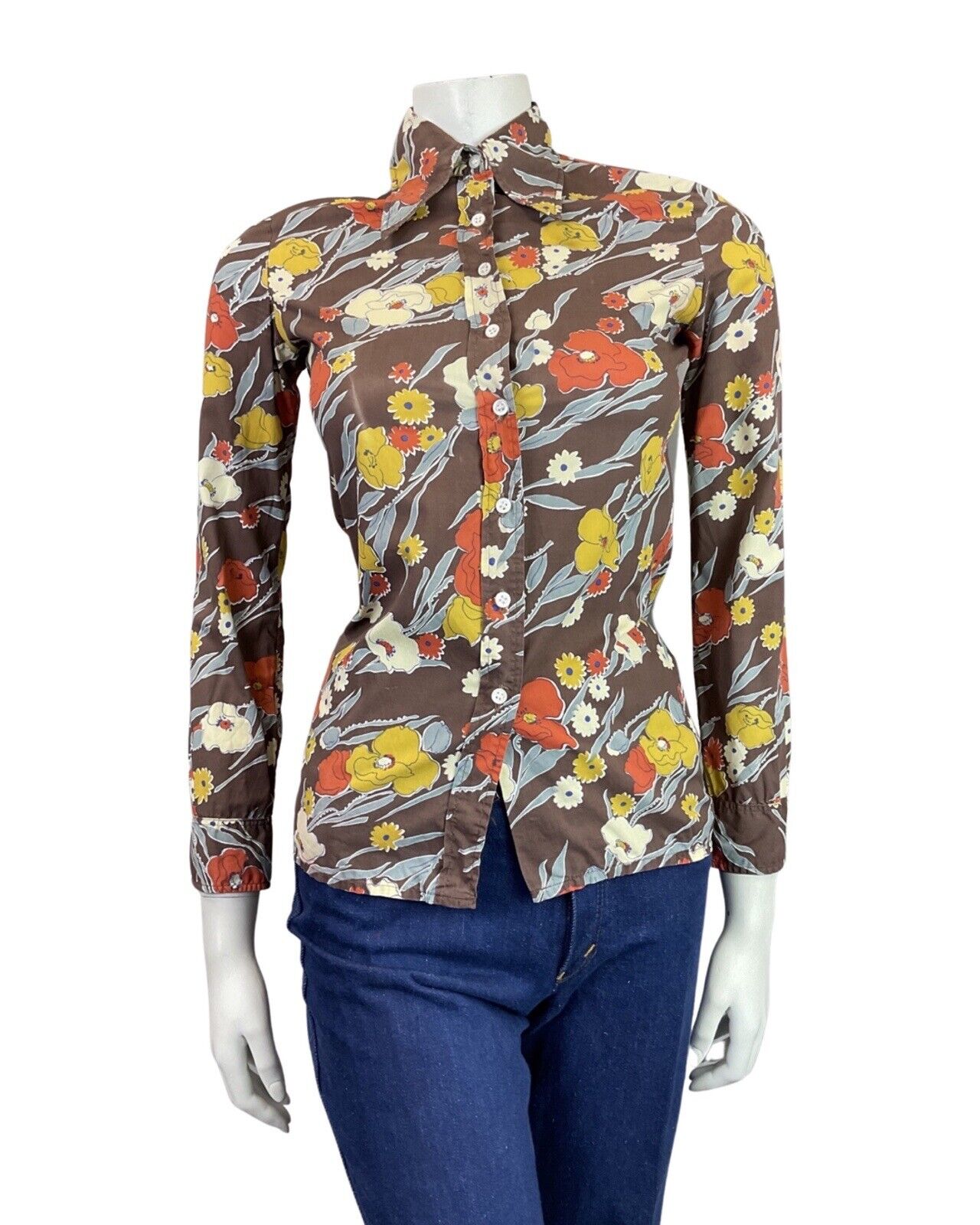 VINTAGE 60s 70s BROWN YELLOW RED FLORAL MOD DAGGER COLLAR SHIRT 10 12