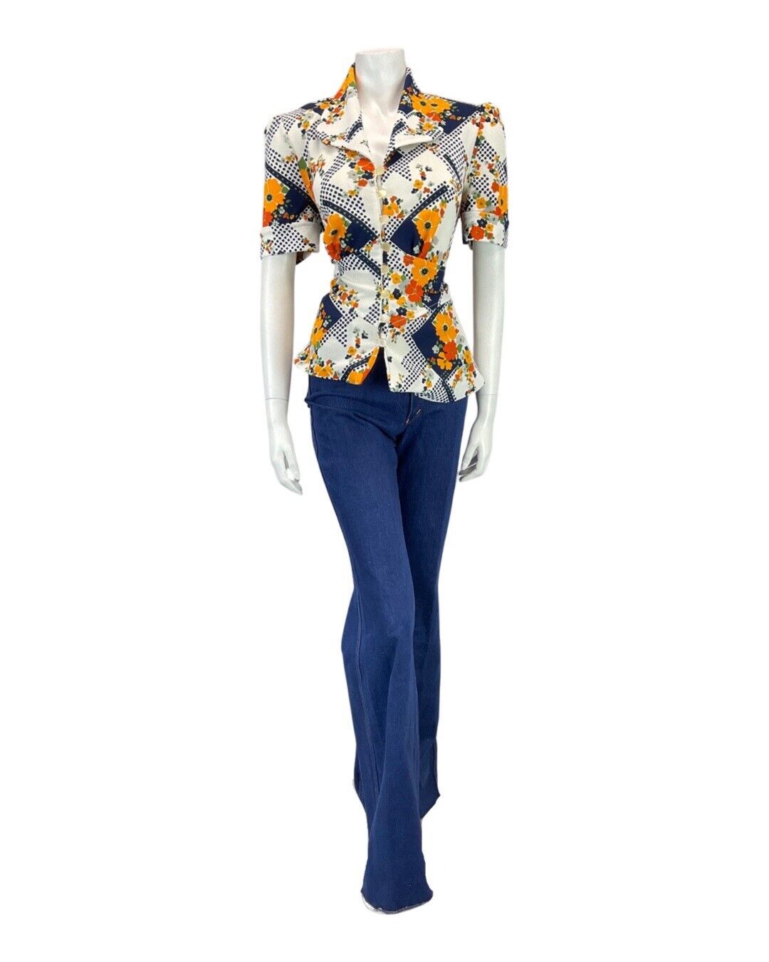 VINTAGE 70s WHITE BLUE ORANGE FLORAL POPPY PEPLUM SHIRT BLOUSE 12