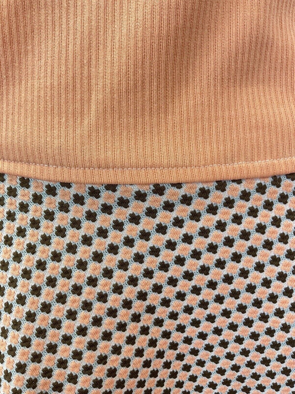 VINTAGE 60s 70s PEACH BROWN WHITE CHECKERBOARD MOD BEAGLE COLLAR SWING DRESS 14