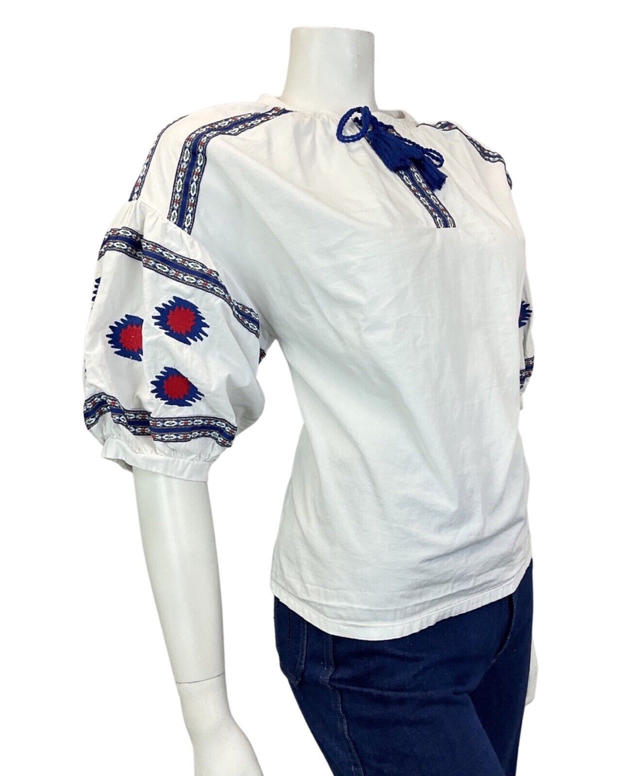 VINTAGE 70s STYLE WHITE BLUE RED EMBROIDERED BOHO FOLK BLOUSE 14