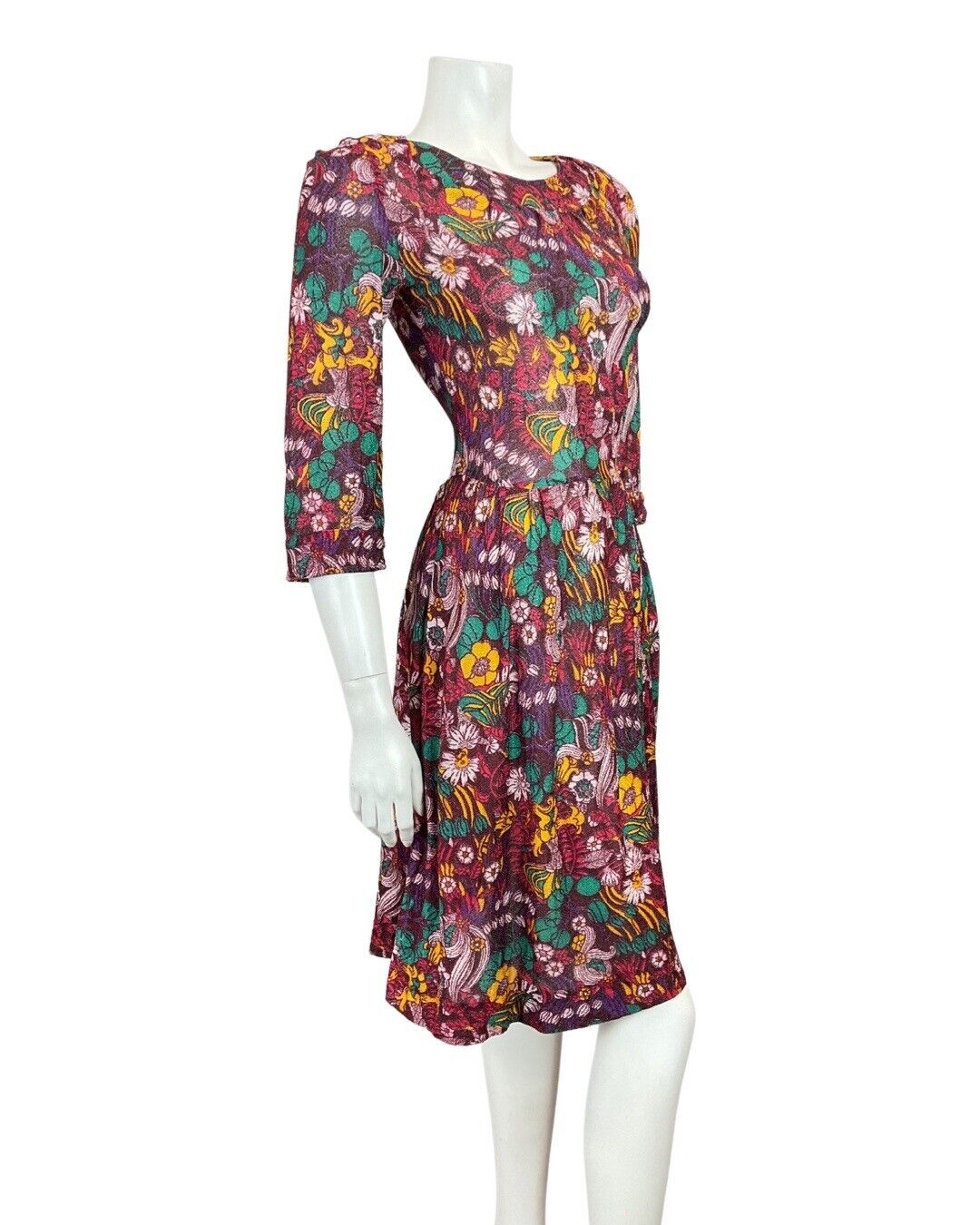 VINTAGE 70s 90s PURPLE GREEN YELLOW PSYCHEDELIC FLORAL LUREX SKATER DRESS 8