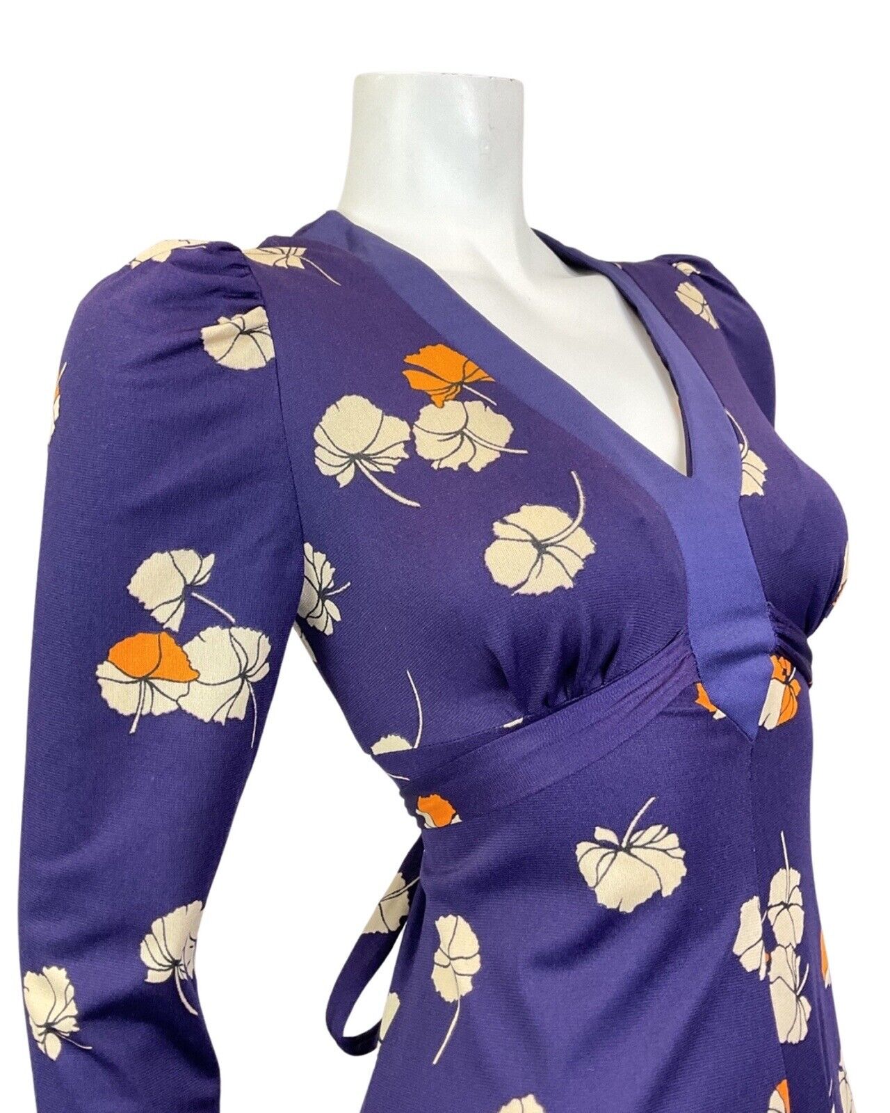 VINTAGE 60s 70s PURPLE BEIGE ORANGE FLORAL LONGSLEEVE MOD SUMMER SWING DRESS 12