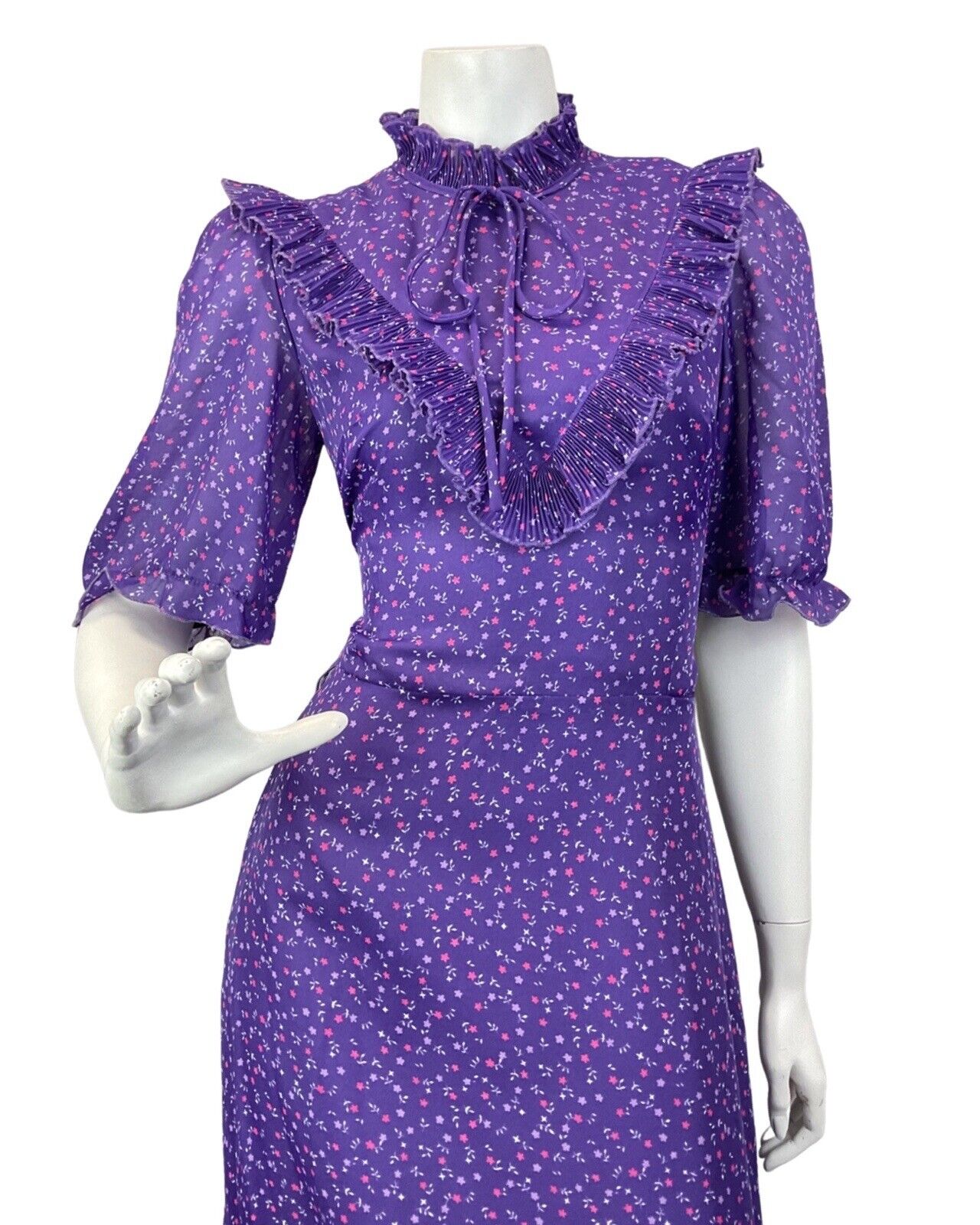 VINTAGE 60s 70s PURPLE PINK WHITE DITSY FLOWER RUFFLE PRAIRIE MAXI DRESS 8 10