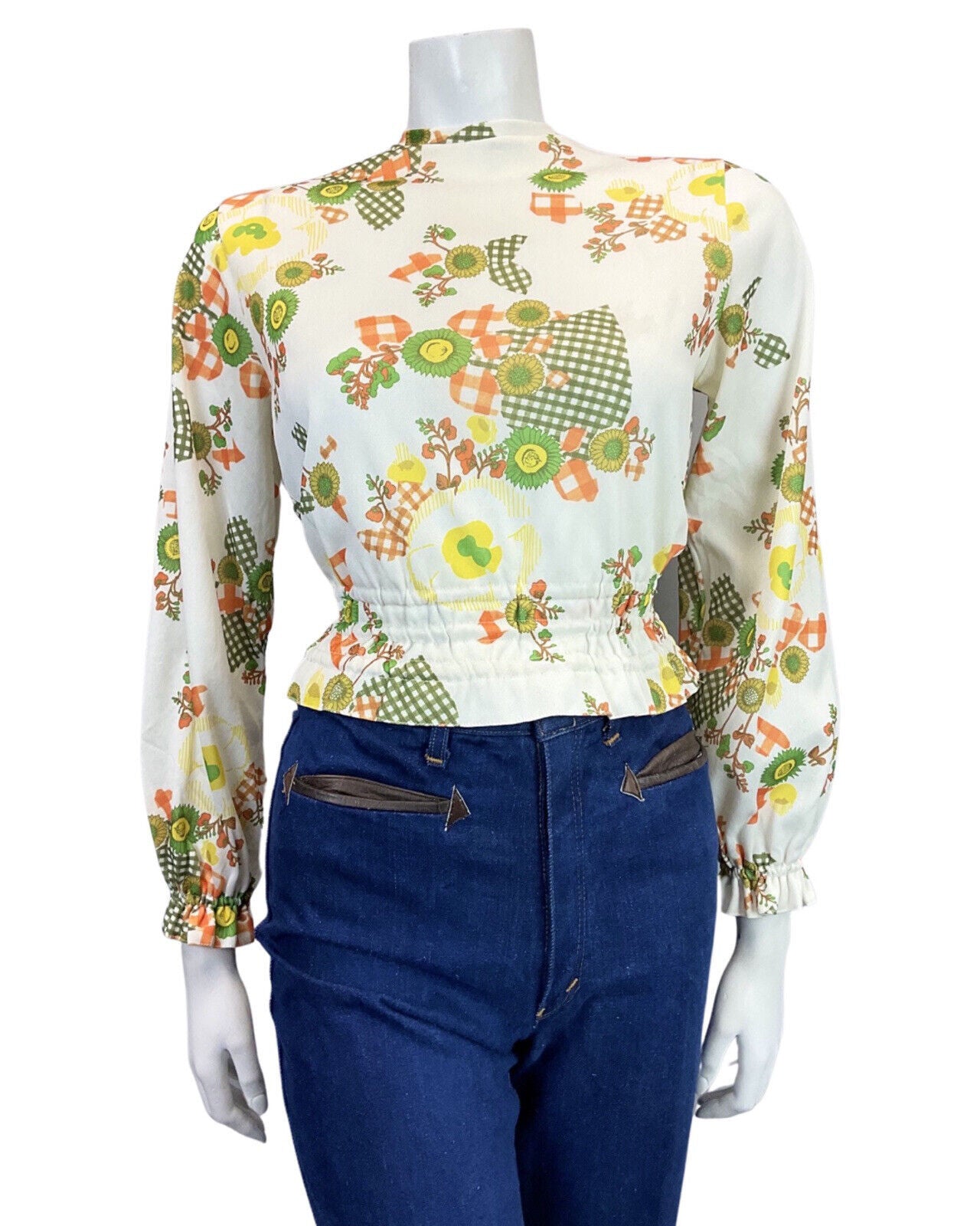 VINTAGE 60s 70s WHITE GREEN ORANGE SUNFLOWER GINGHAM SHIRRED BLOUSE TOP 10 12