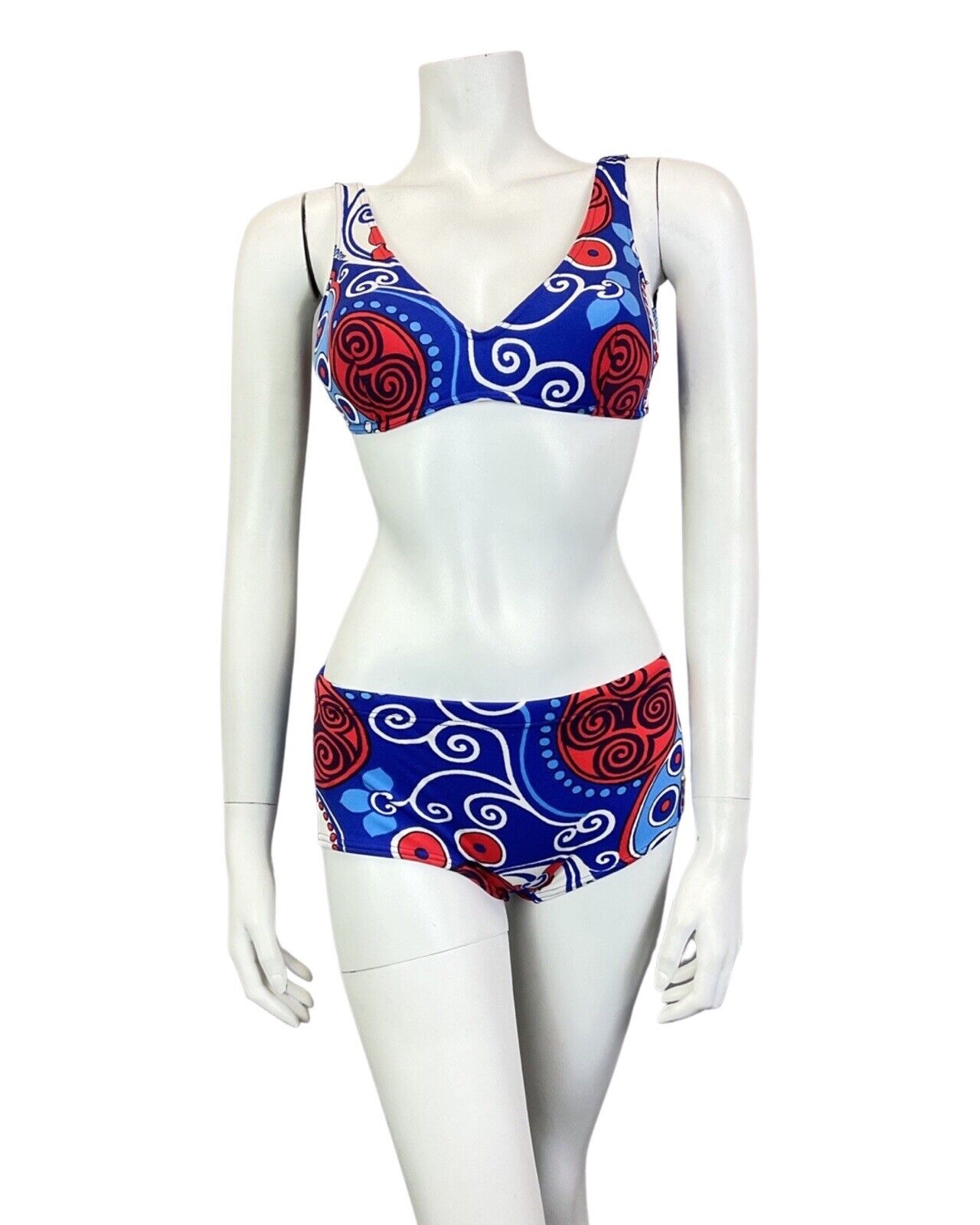 VINTAGE 60s BLUE RED WHITE PSYCHEDELIC SWIRL BIKINI SWIM SET BRALETTE SHORTS 4 6
