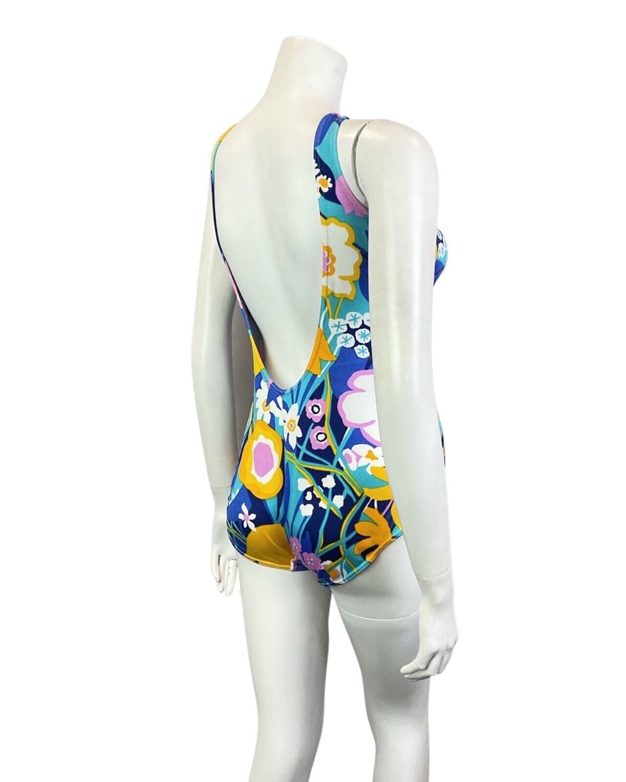 VINTAGE 60s 70s BLUE PINK YELLOW FLORAL PSYCHEDELIC SWIMSUIT BODYSUIT 14