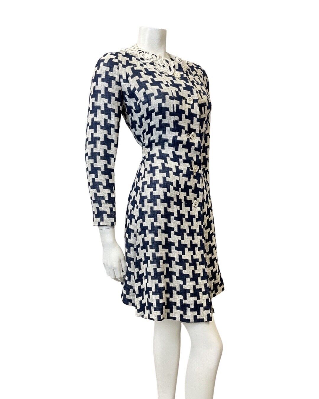 VINTAGE 70s 90s BLUE WHITE GEOMETRIC TILED LACE MOD DRESS COAT 12