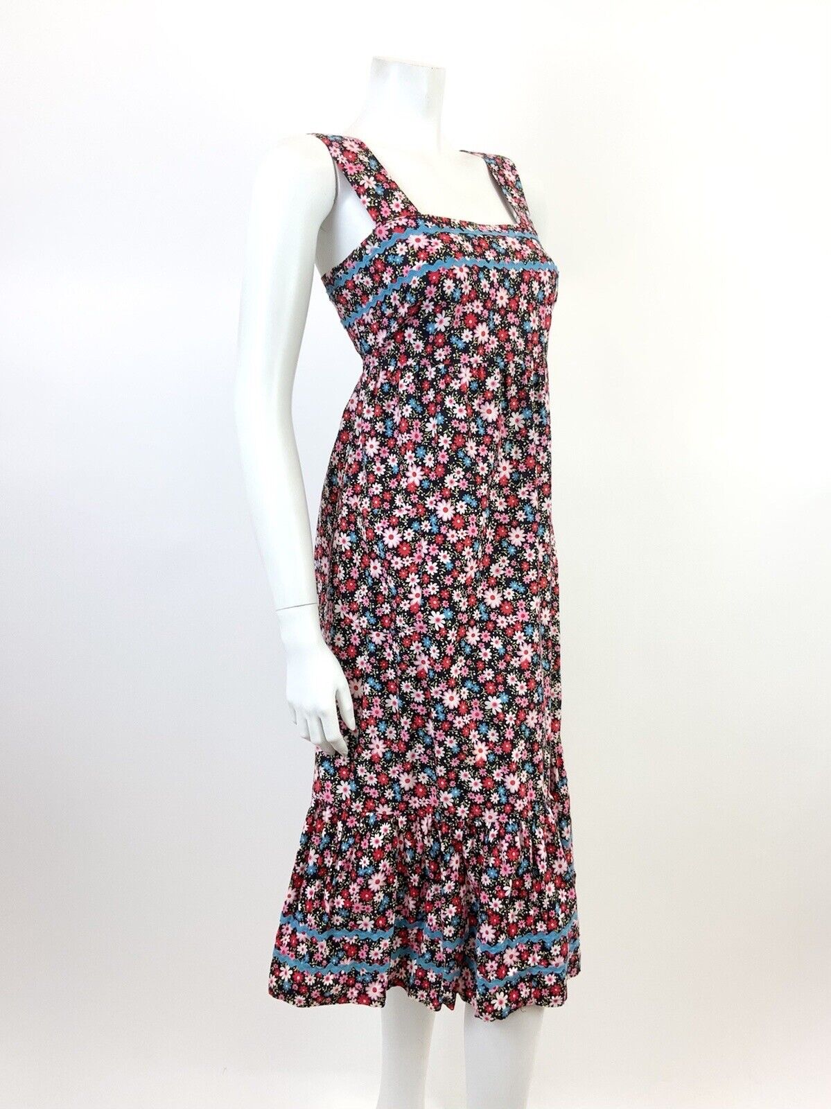 VTG 60s 70s BLACK PINK BLUE RED FLORAL DAISY RIC RAC MOD TENT EMPIRE DRESS 8 10