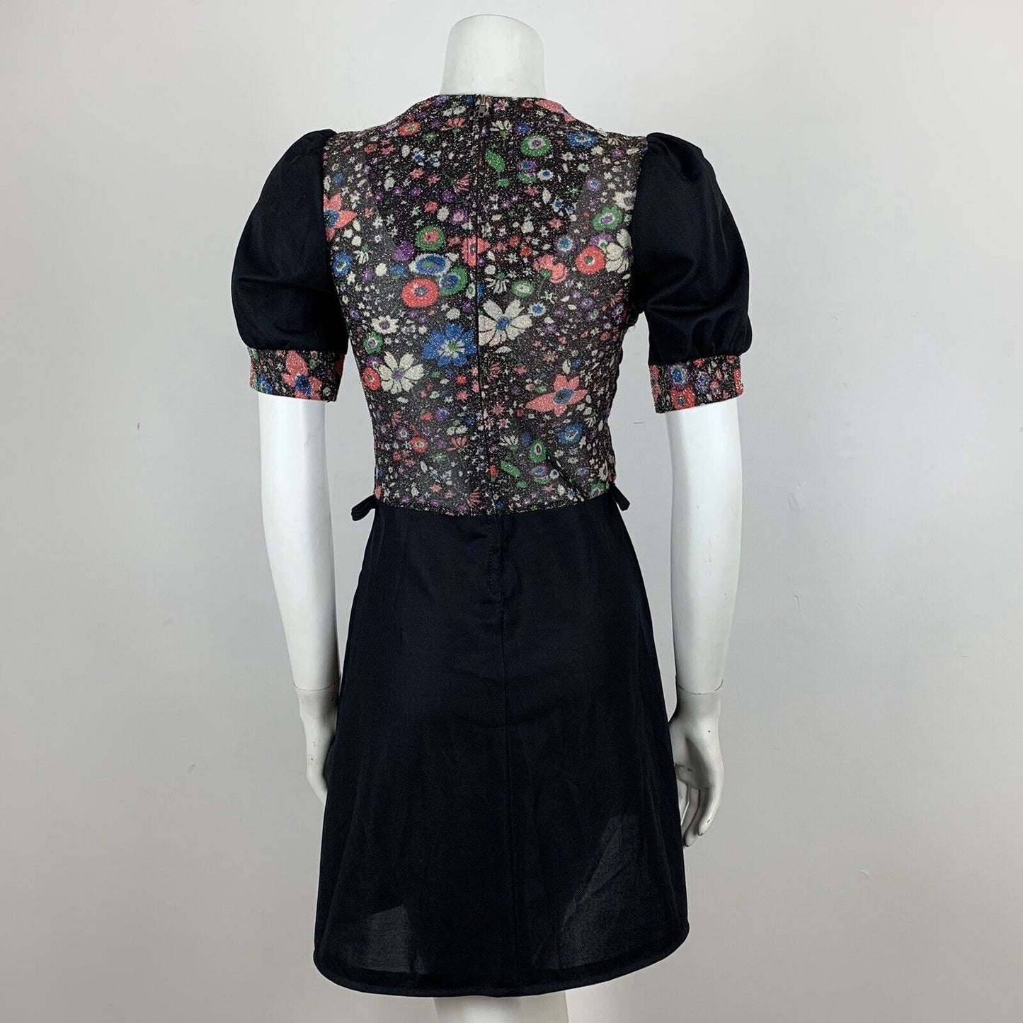 VINTAGE 70S SHIRRED FLOWER MULTI COLOURED GLITTER DRESS 4 6