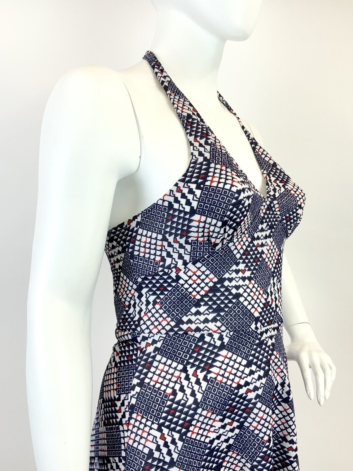 VINTAGE 60s 70s BLUE RED WHITE GEOMETRIC CHECKERBOARD MOD HALTER SUMMER DRESS 16