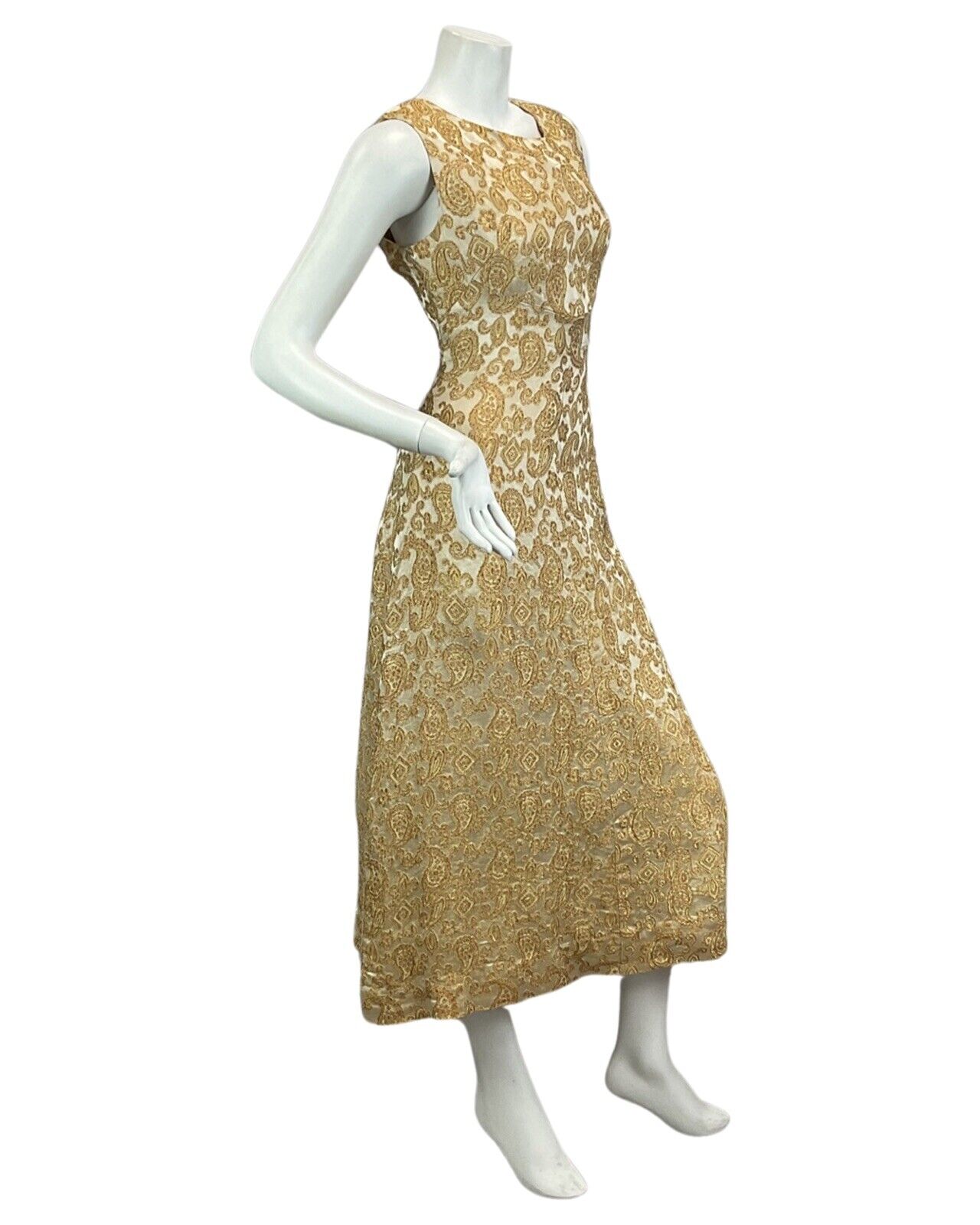 VTG 60s 70s GOLD BRONZE PAISLEY PRINT EMBROIDERED BOHO PARTY MAXI DRESS 10 12
