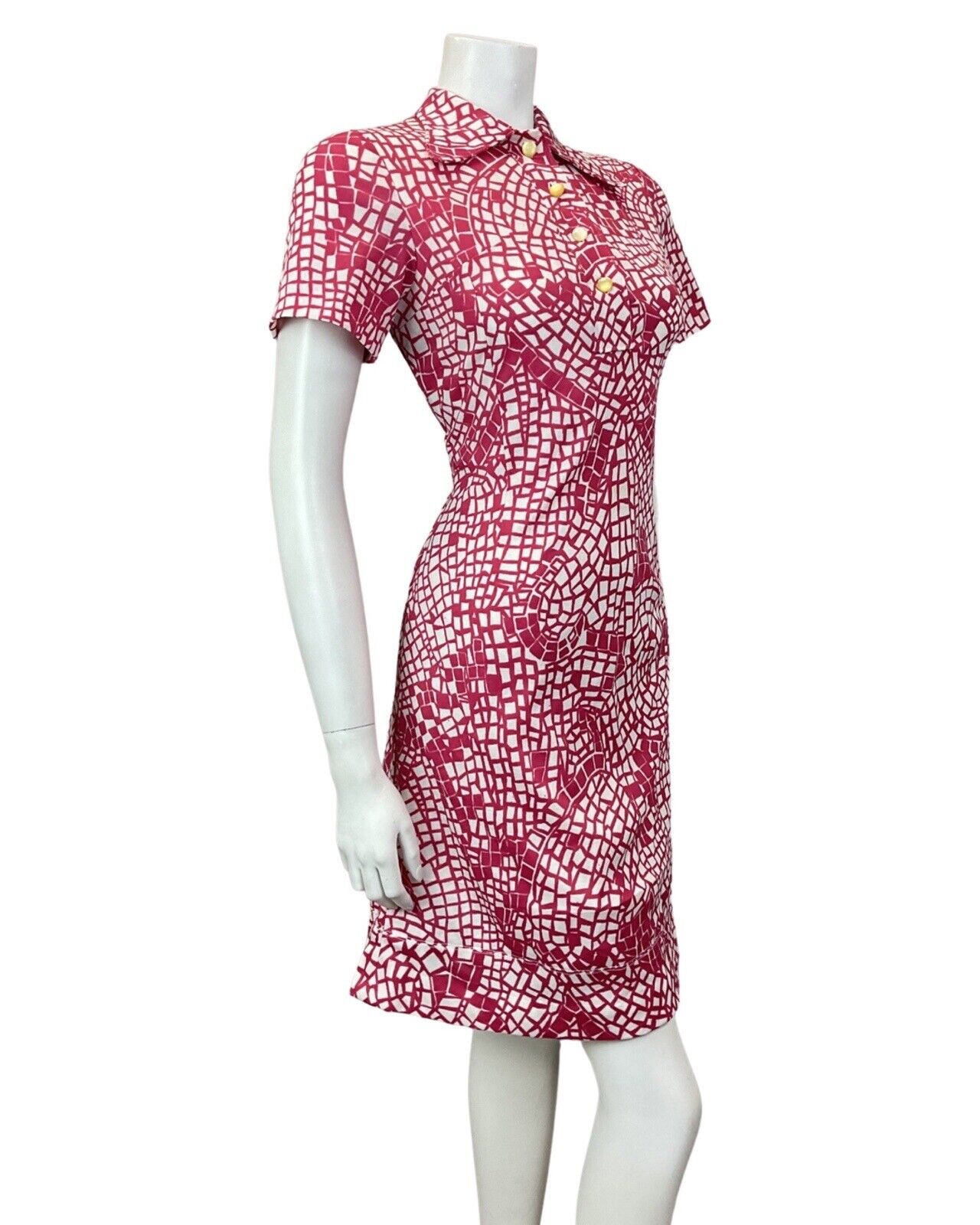 VINTAGE 60s 70s PINK WHITE PSYCHEDELIC GEOMETRIC MOD SHORT SHIRT DRESS 10 12