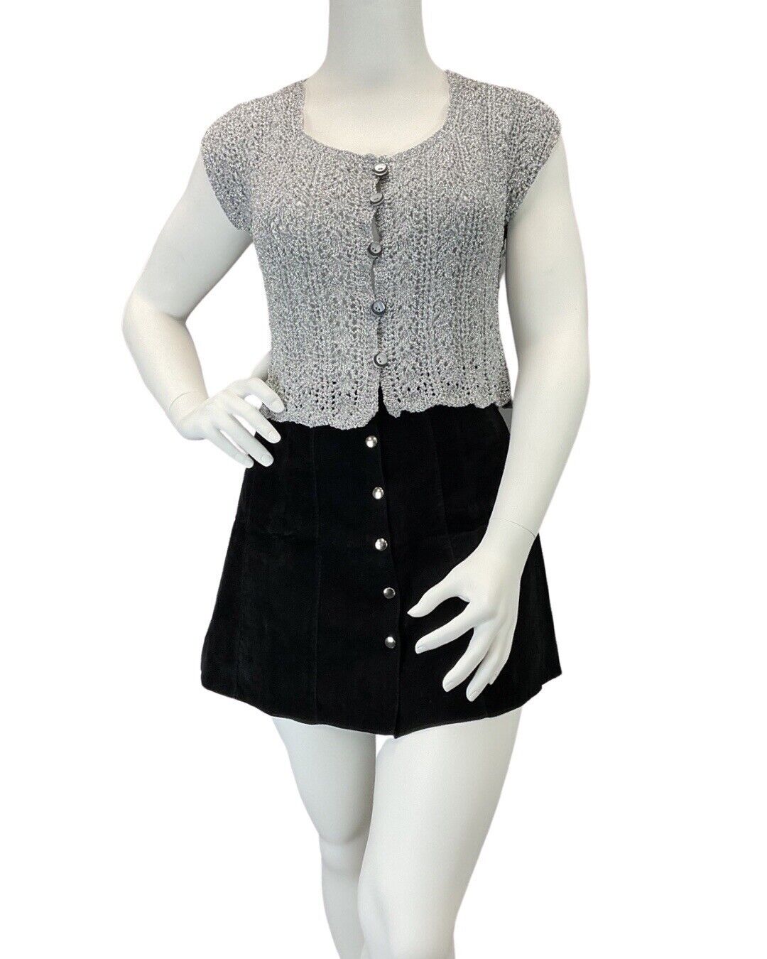 VINTAGE 60s 70s SILVER CROCHETED DISCO PARTY KNIT CROPPED VEST TOP 14 16