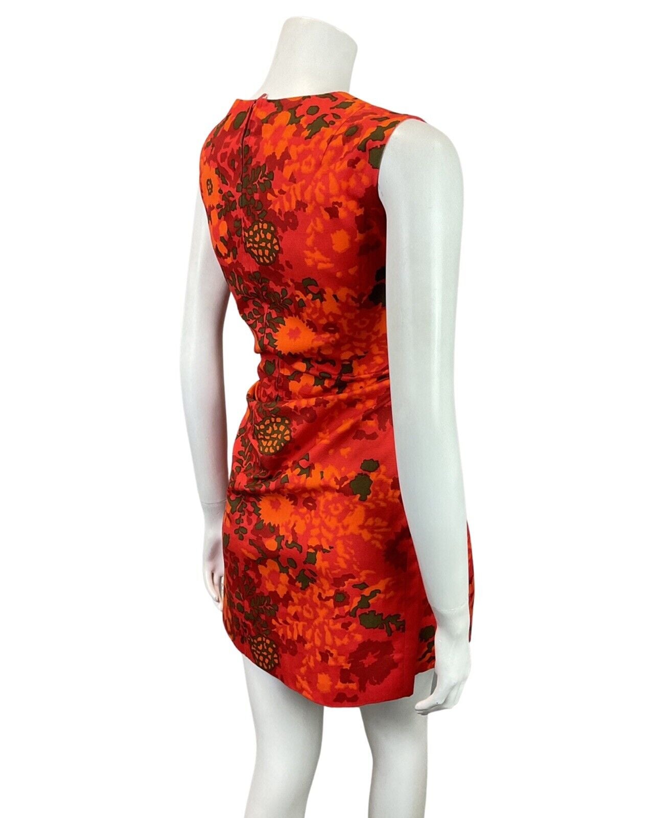 VINTAGE 60s 70s RED ORANGE GREEN PSYCHEDELIC FLORAL MOD SLEEVELESS DRESS 10