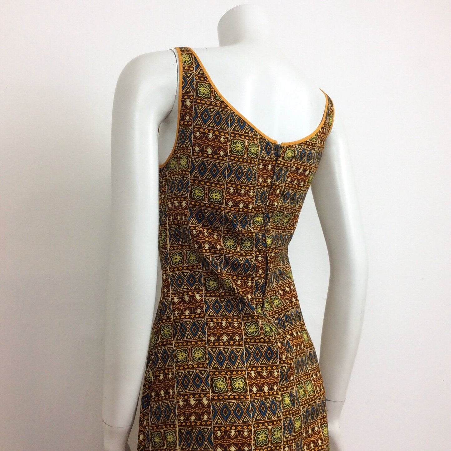 60S 70s VTG BROWN ORANGE BATIK PRINT FESTIVAL TRIBAL BOHO MAXI DRESS 10 12