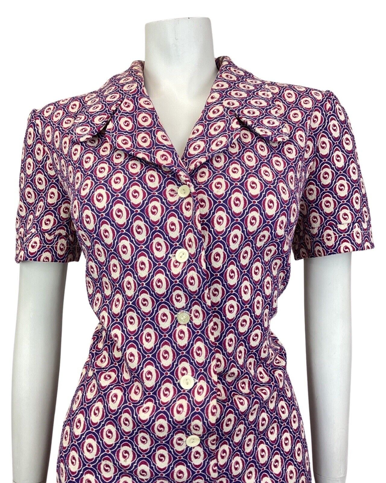 VINTAGE 60s 70s PURPLE PINK CREAM GEOMETRIC TILED MOD SHIRT DRESS 16