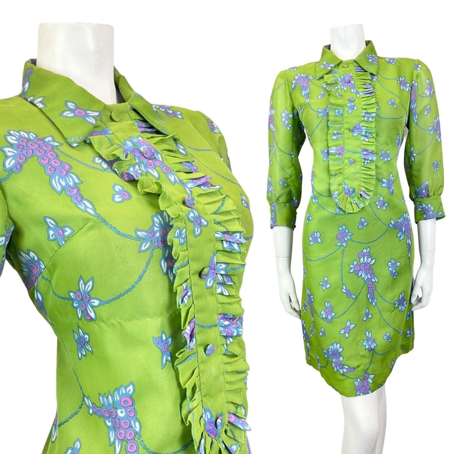 VINTAGE 60s 70s GREEN BLUE FLORAL MOD DAGGER COLLAR RUFFLED SHIFT DRESS 10 12