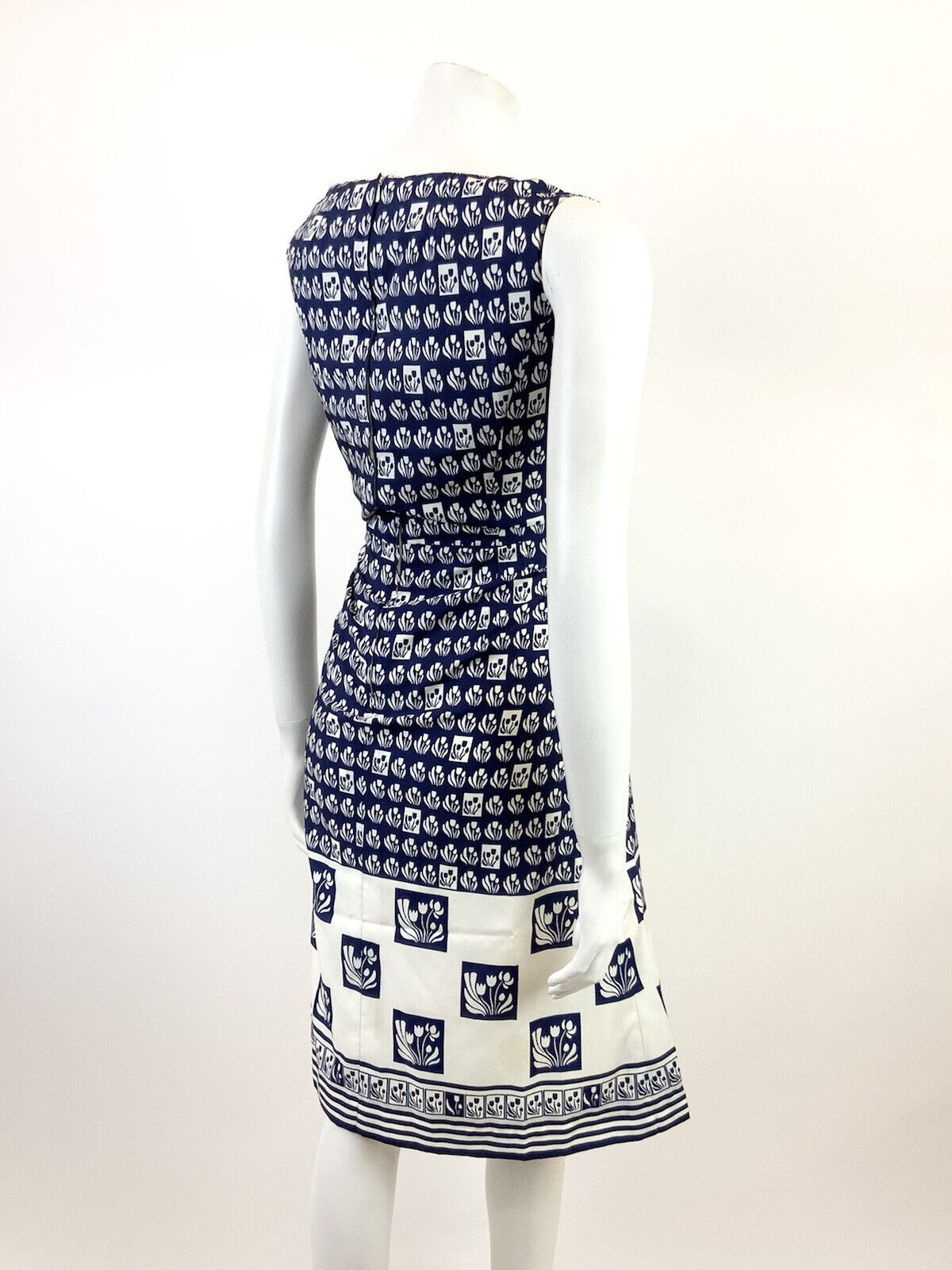 VINTAGE 60s 70s NAVY BLUE WHITE GEOMETRIC CHECKED FLORAL SLEEVELESS MOD DRESS 12