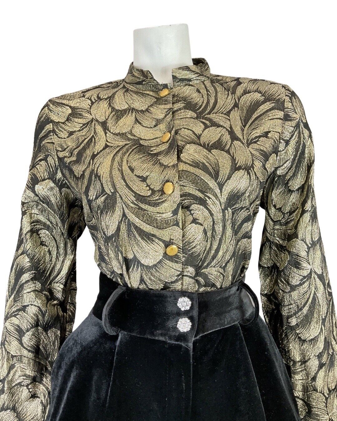 VINTAGE 60s 70s GOLD BLACK PSYCHEDELIC MANDARIN COLLAR STUDIO 54 LUREX SHIRT 14