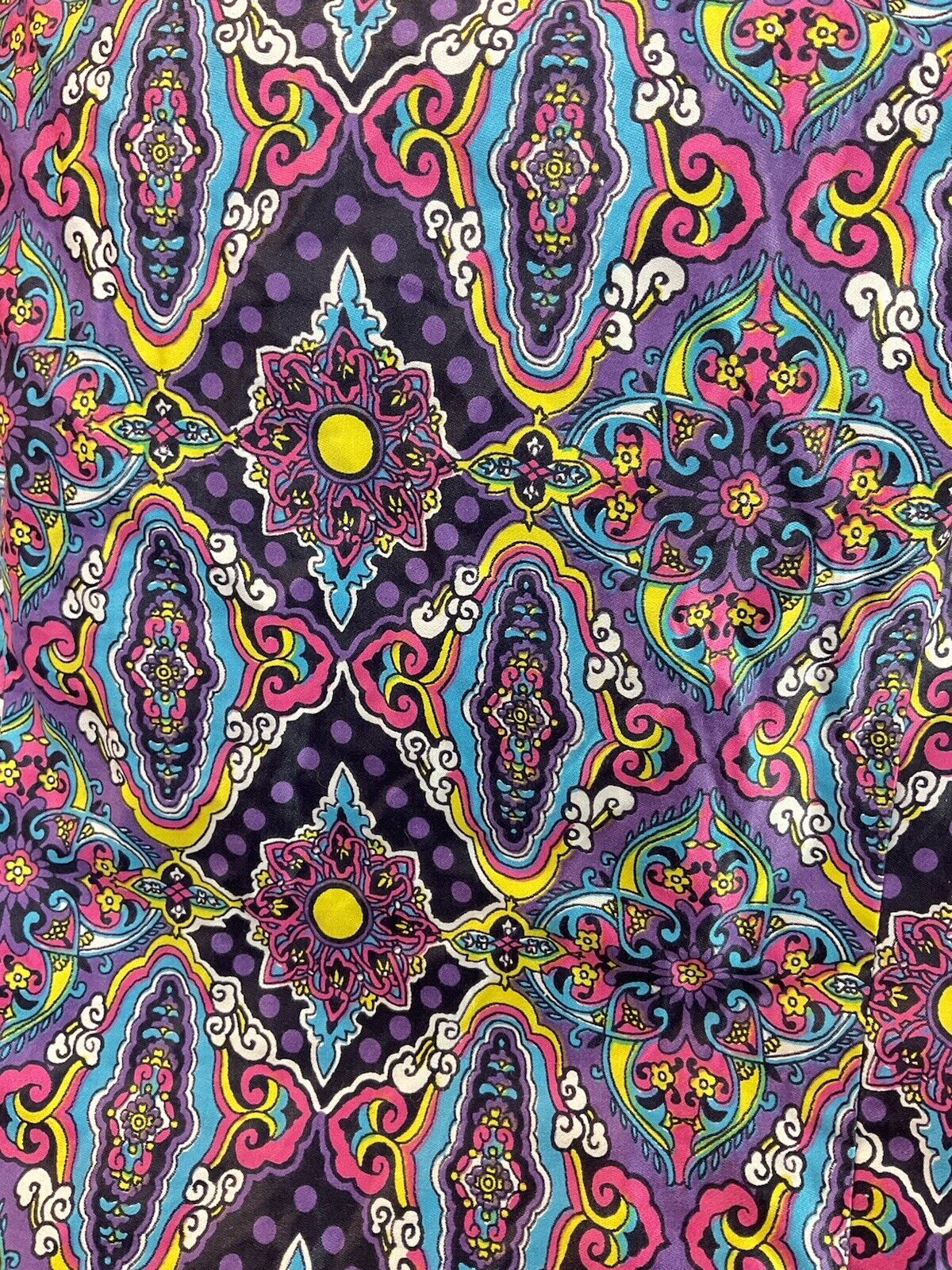 VTG 60s 70s PURPLE BLUE YELLOW PINK PSYCHEDELIC FLORAL PUSSYBOW BLOUSE TOP 16 18