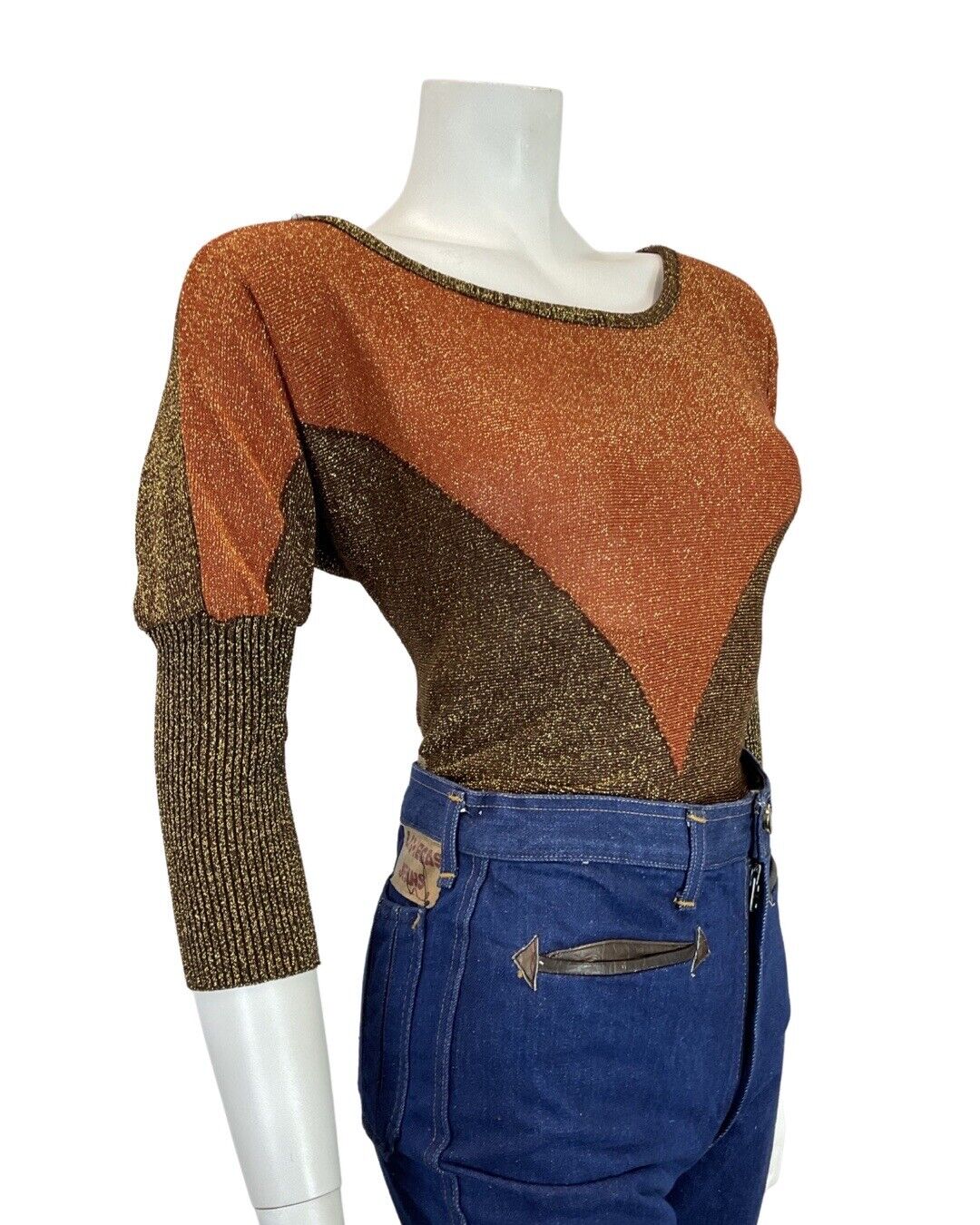 VINTAGE 60s 70s BROWN ORANGE CREAM BATWING GLITTER LUREX KNIT TOP 10