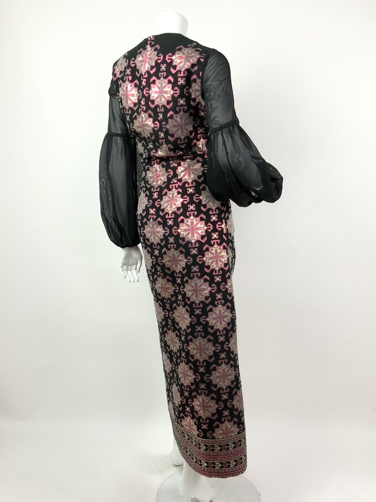 VTG 60s 70s BLACK METALLIC PINK GOLD AZTEC GEOMETRIC SHEER MAXI DRESS 10