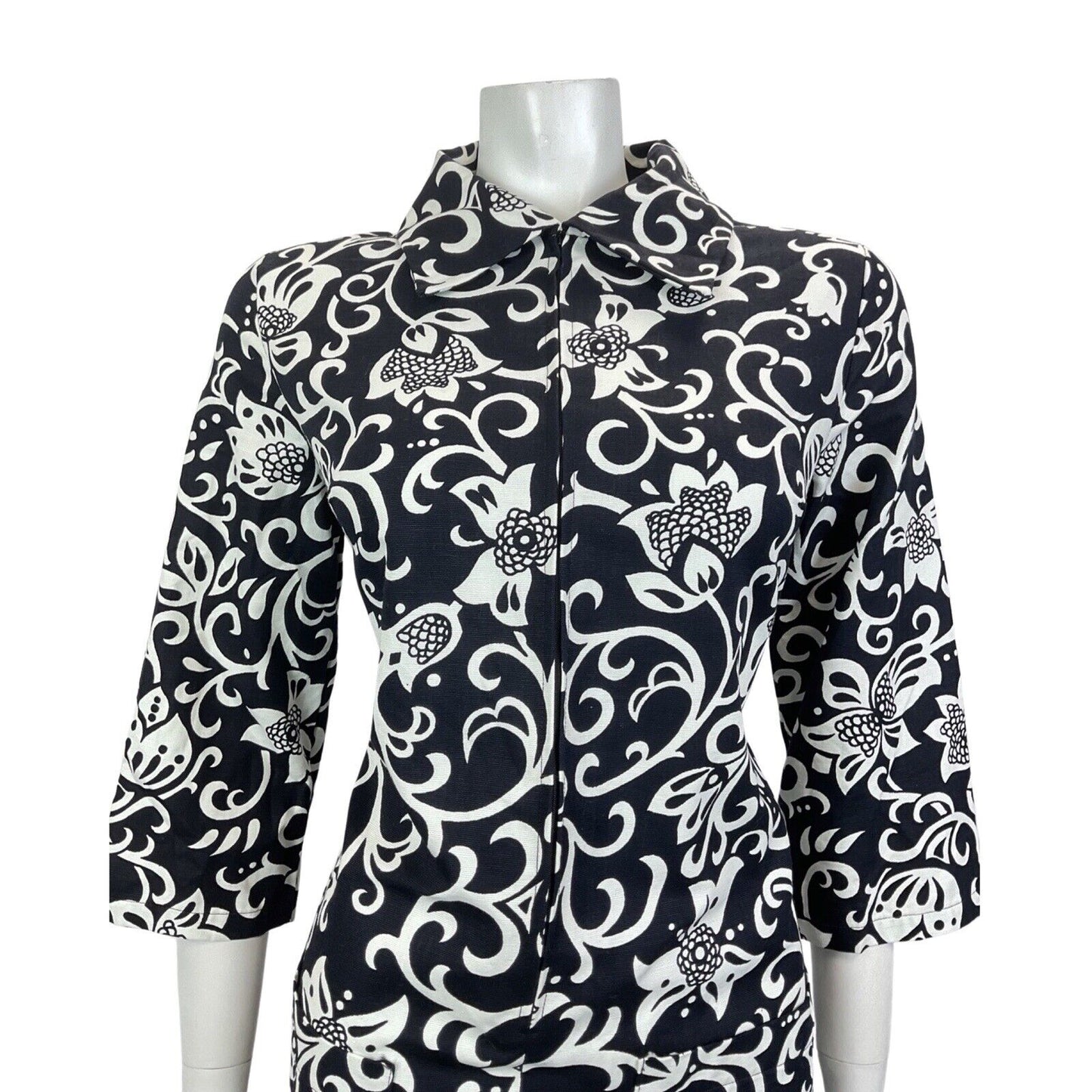 VINTAGE 60s 70s BLACK WHITE PSYCHEDELIC FLORAL SWIRL VINE MOD SHIRT DRESS 12 14