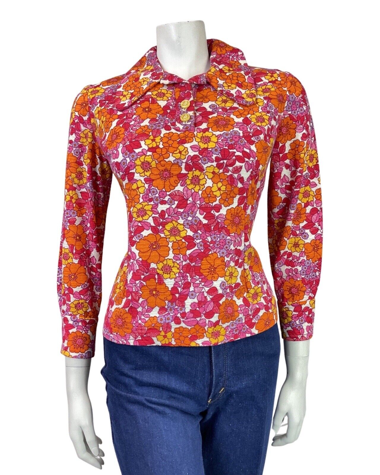 VINTAGE 60s 70s PINK ORANGE RED PSYCHEDELIC FLORAL DAISY BEAGLE COLLAR BLOUSE 8