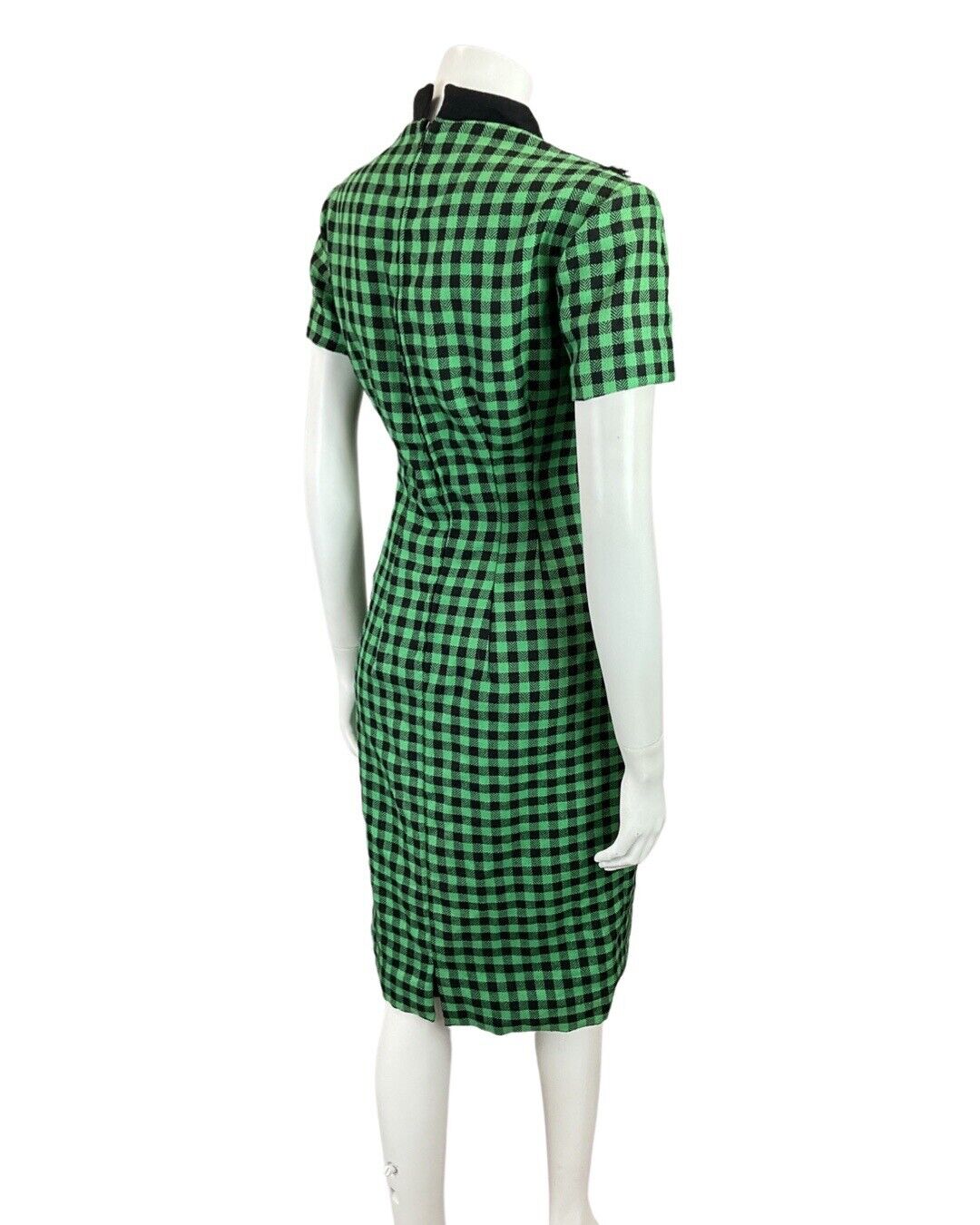 VINTAGE 60s 70s GREEN BLACK GINGHAM CHECKED MOD FITTED DRESS 8 10
