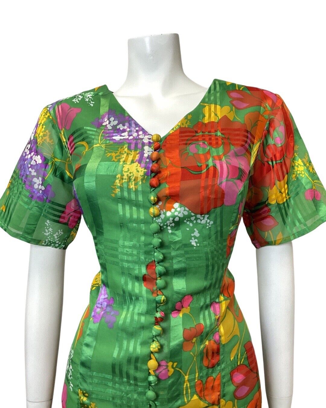 VINTAGE 60s 70s GREEN PURPLE RED FLORAL PLAID SHEER MOD DRESS 12 14