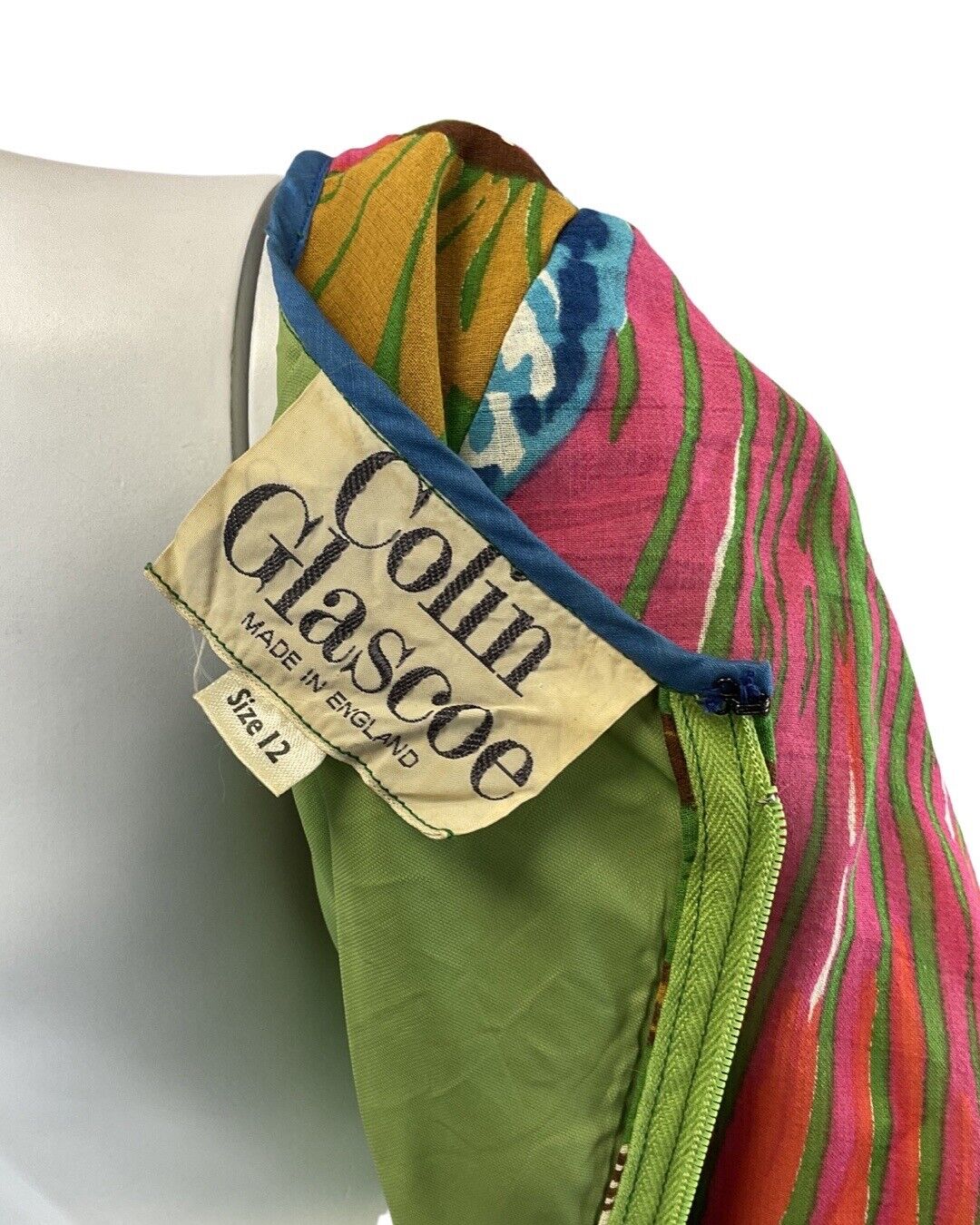 VINTAGE 60s 70s GREEN PINK BLUE FLORAL PSYCHEDELIC COLIN GLASCOE MAXI DRESS 8