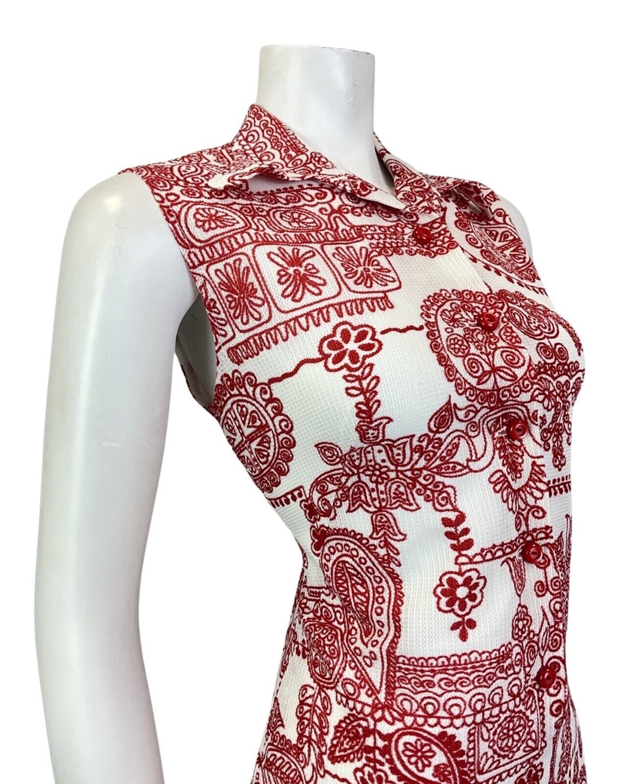 VINTAGE 60s 70s WHITE RED PSYCHEDELIC FLOWER FOLK SLEEVELESS SHIRT DRESS 12