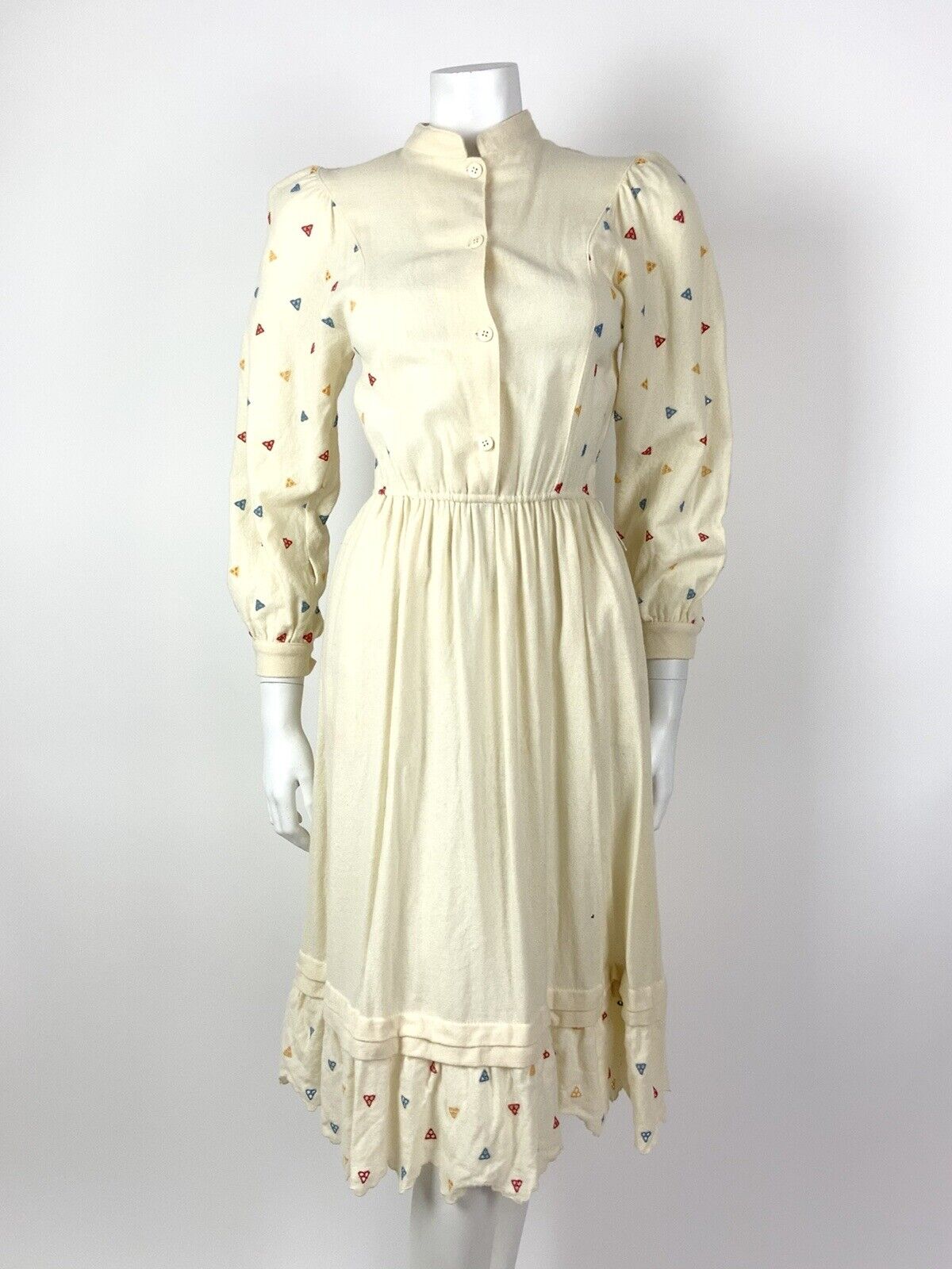 VINTAGE 70s 80s CREAM RED BLUE EMBROIDERED GEOMETRIC FOLK BOHO WOOL DRESS 6