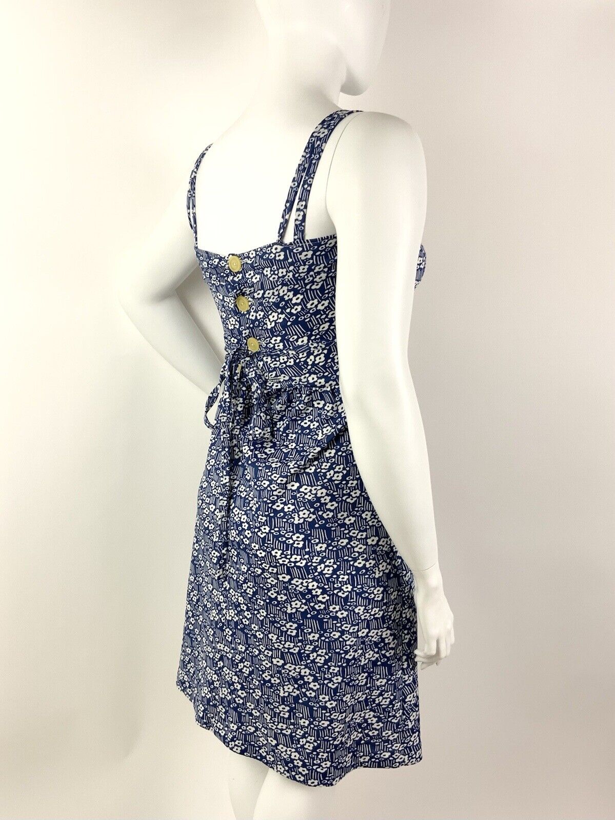 VINTAGE 60s 70s BLUE WHITE FLORAL DITSY DAISY STRIPED STRAPPY MOD SUN DRESS 14