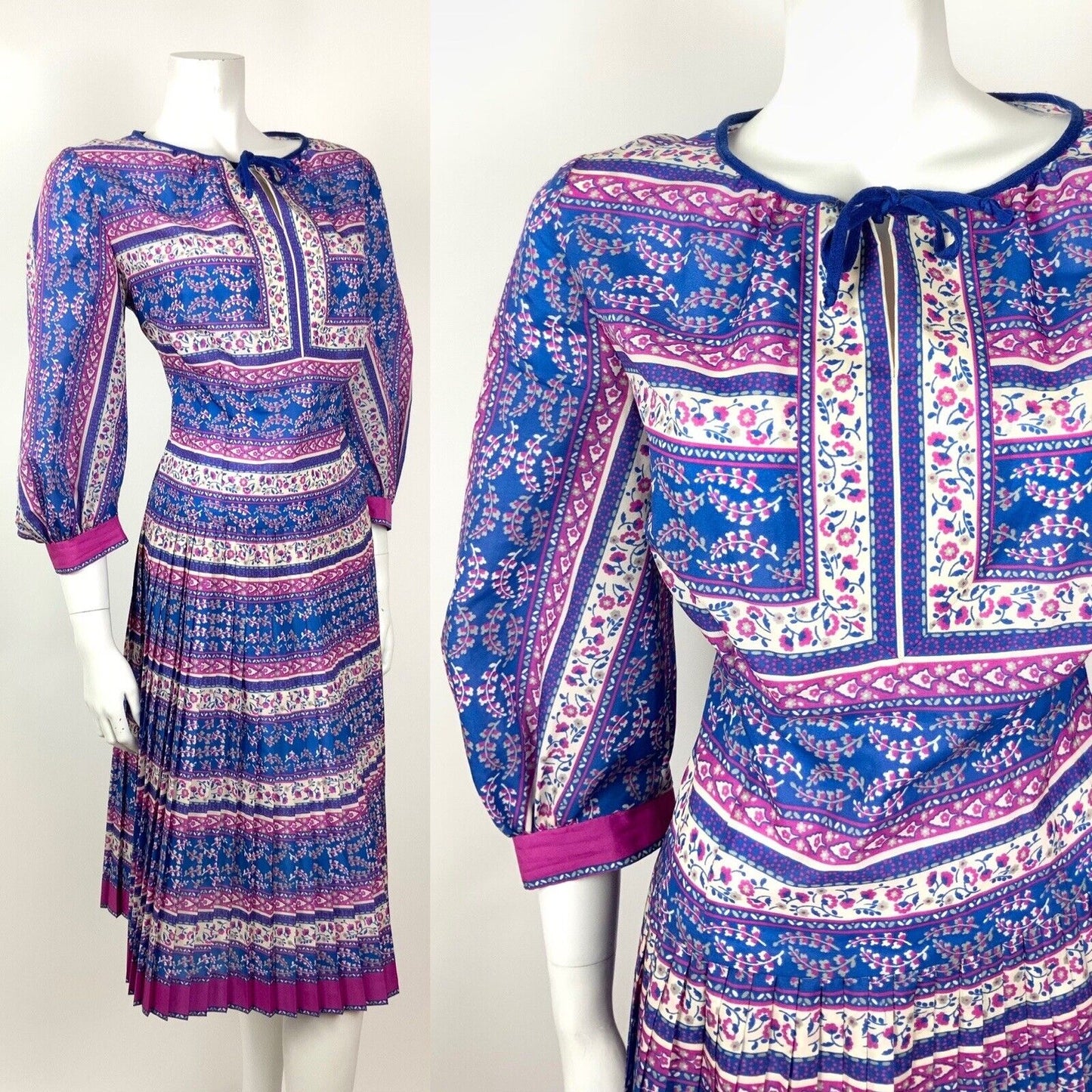 VTG 60s 70s BLUE PINK WHITE FLORAL STRIPED GYPSY BOHO FOLK PLEATED DRESS 14 16