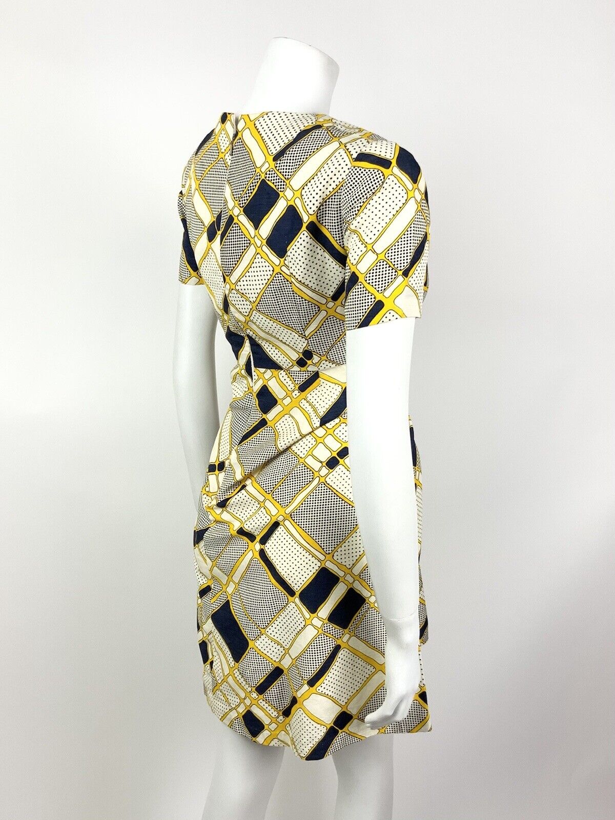 VINTAGE 60s 70s WHITE NAVY BLUE YELLOW GEOMETRIC POLKA-DOT MOD DRESS 10 12