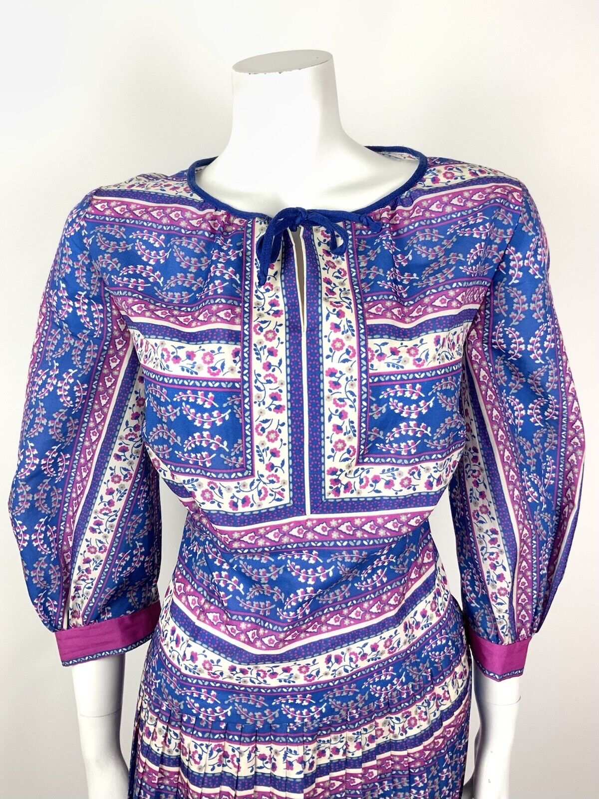 VTG 60s 70s BLUE PINK WHITE FLORAL STRIPED GYPSY BOHO FOLK PLEATED DRESS 14 16