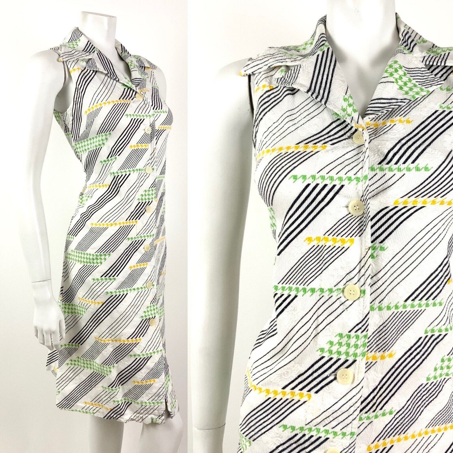 VINTAGE 60s 70s WHITE BLACK GREEN STRIPED HOUNDSTOOTH MOD DAGGER SHIRT DRESS 10