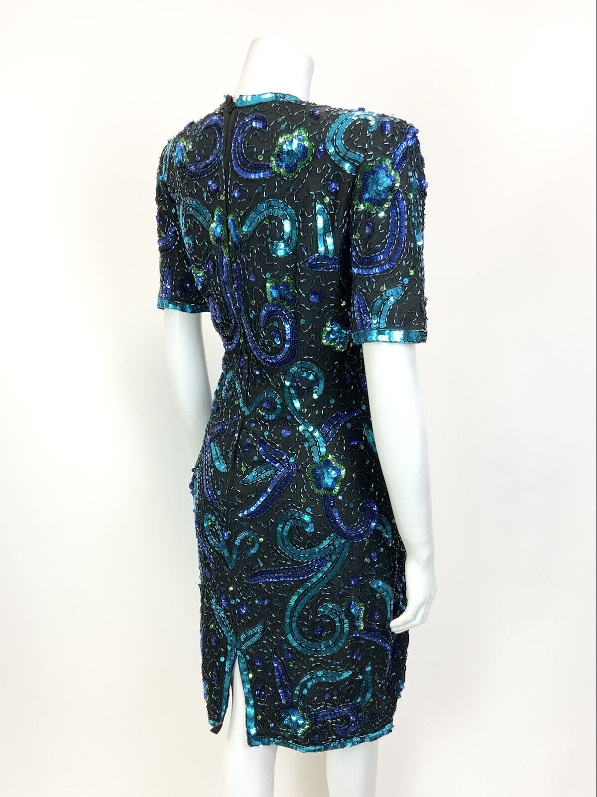 VTG 70s 80s BLACK BLUE GREEN VINE FLORAL SEQUIN DISCO STUDIO 54 PARTY DRESS 14
