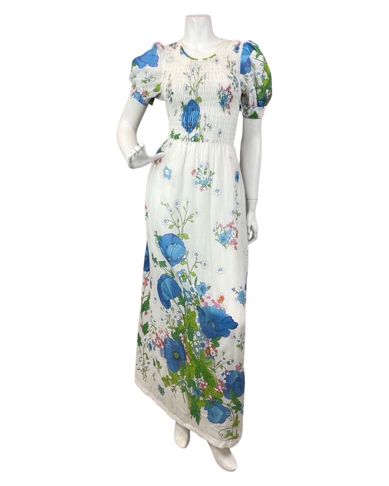 VINTAGE 60s 70s WHITE BLUE GREEN DAISY POPPY FLORAL BOHO PRAIRIE MAXI DRESS 8