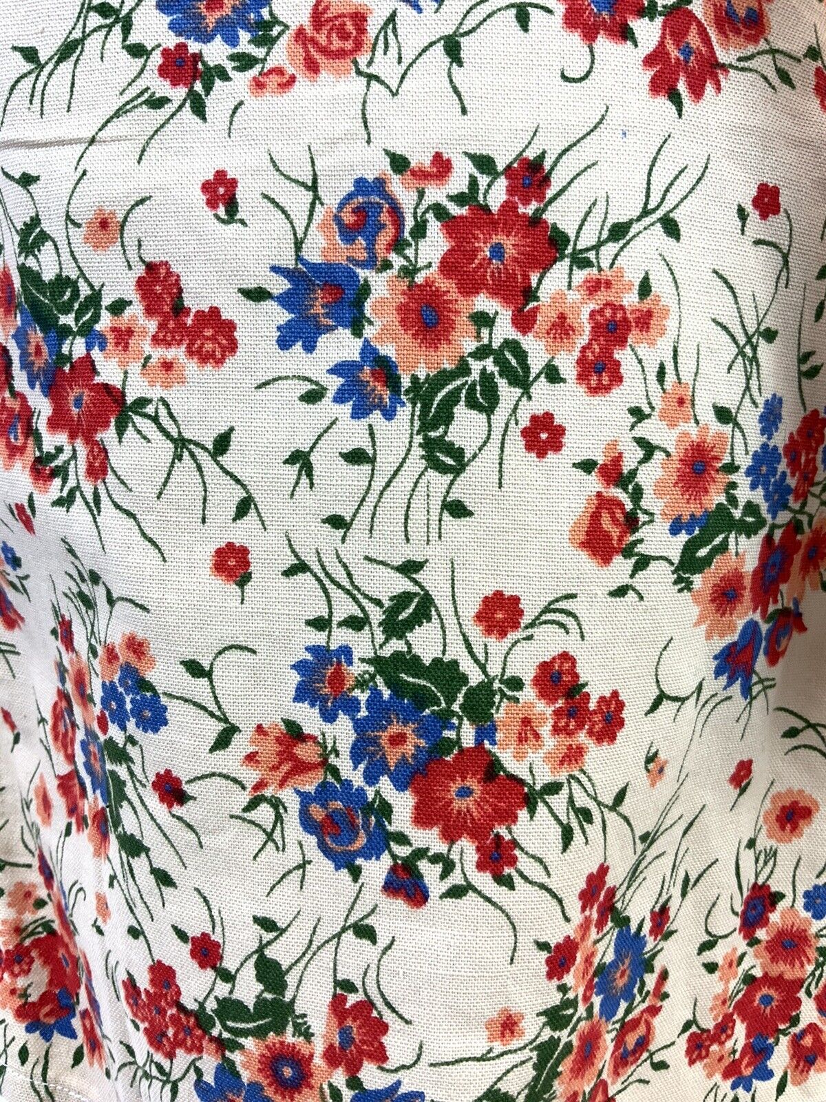 VTG 60s 70s BEIGE RED BLUE GREEN FLORAL VINE BOHO APRON PINAFORE SUMMER DRESS 14
