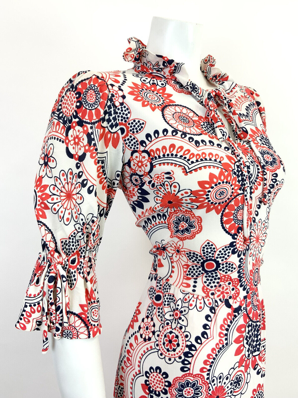 VINTAGE 60s 70s WHITE RED BLUE FLORAL MANDALA PSYCHEDELIC MOD RUFFLE DRESS 12 14